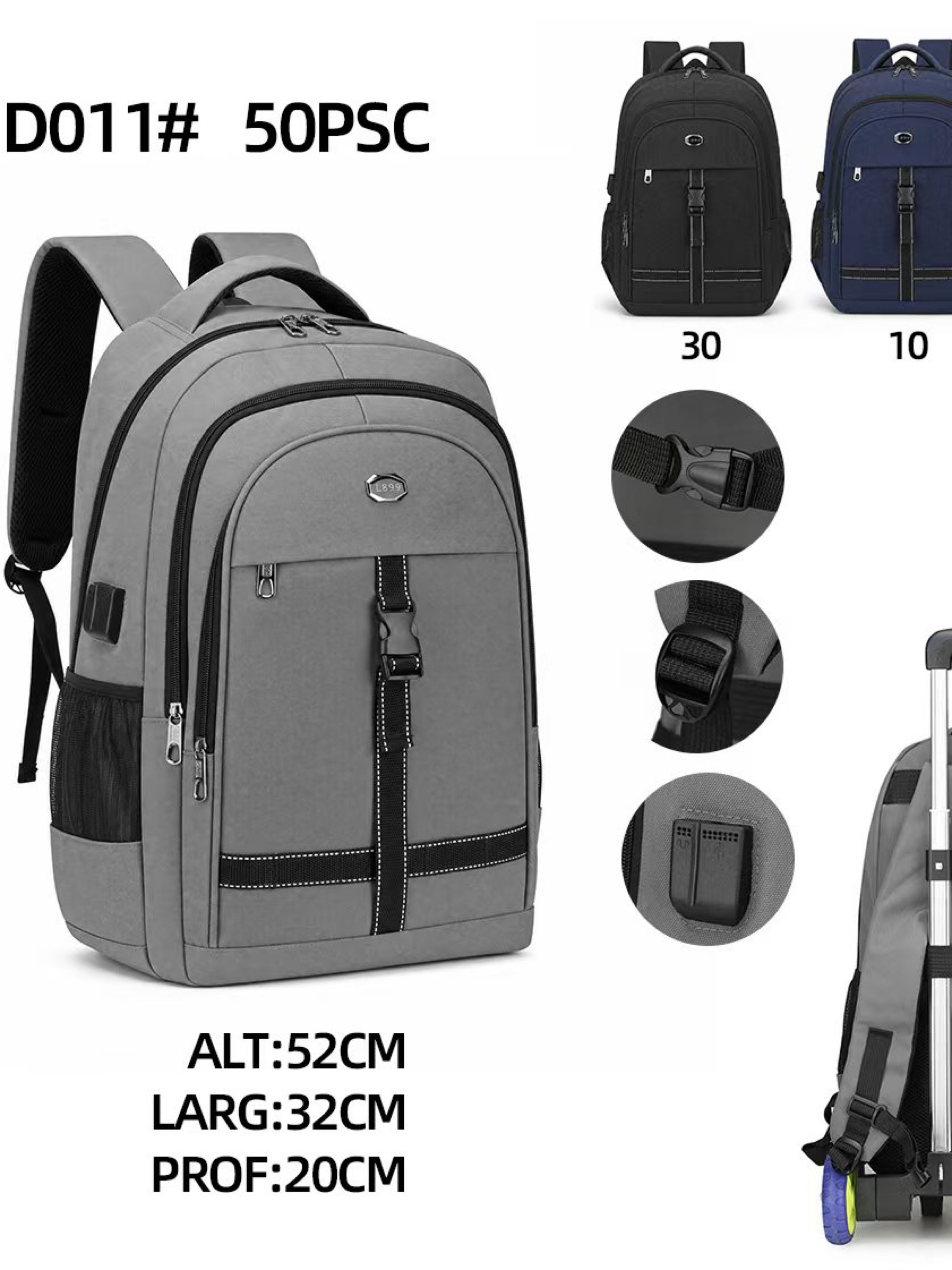 Mochila masculina com cabo USB e tem zíper atrás D011#