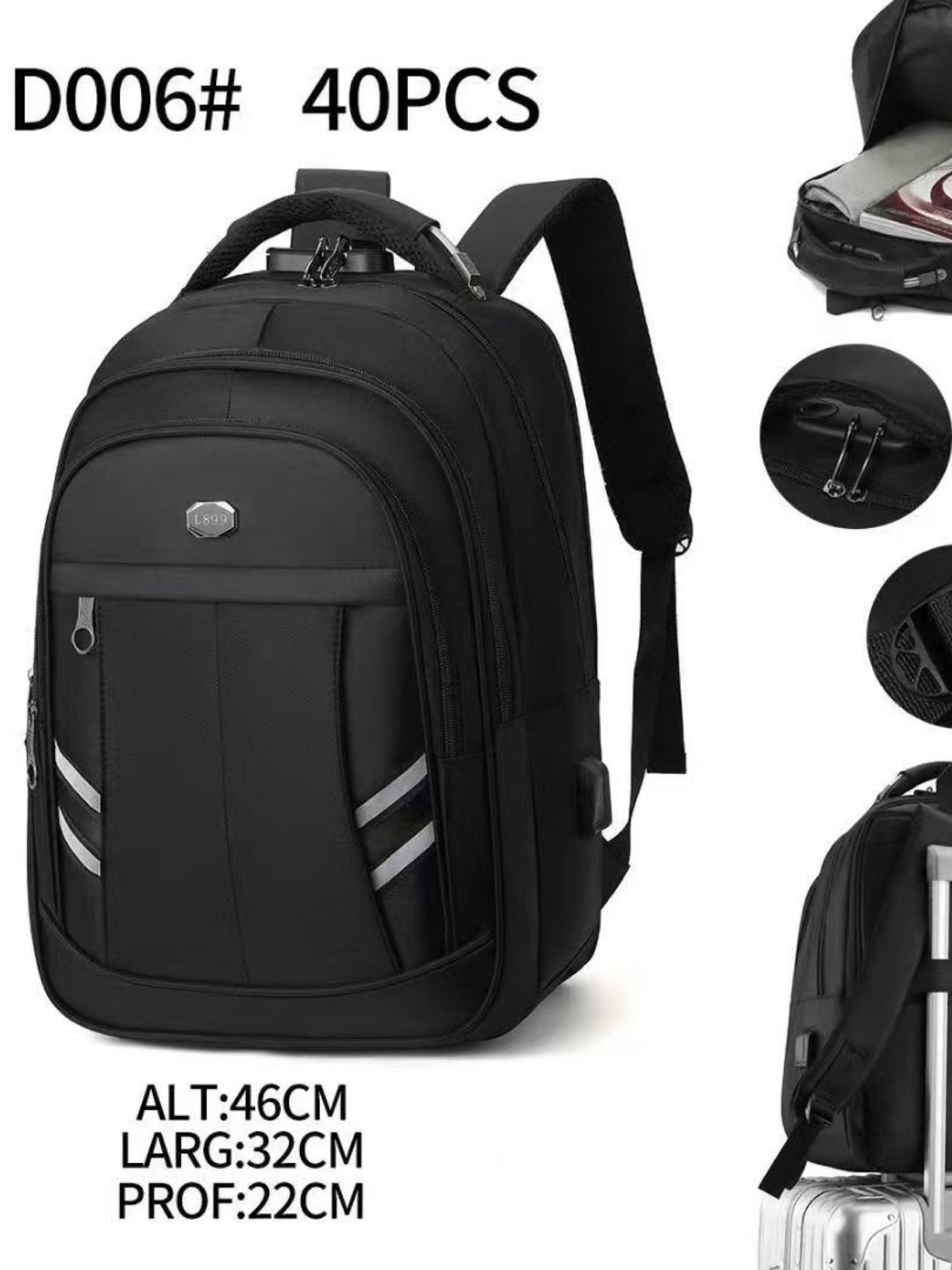 Mochila masculina com cabo USB e com cadeado D007