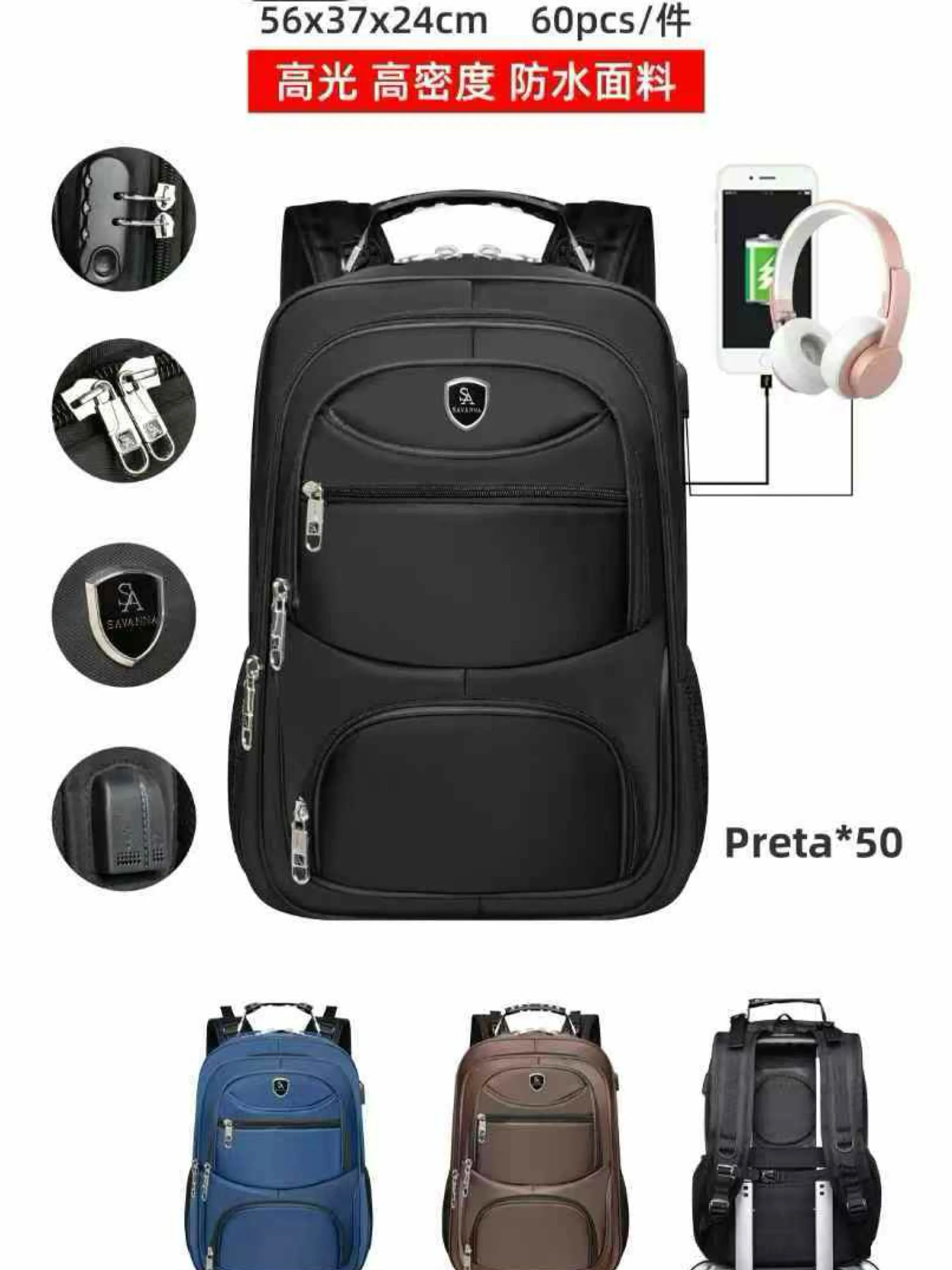 Mochila masculina com cabo USB e com cadeado