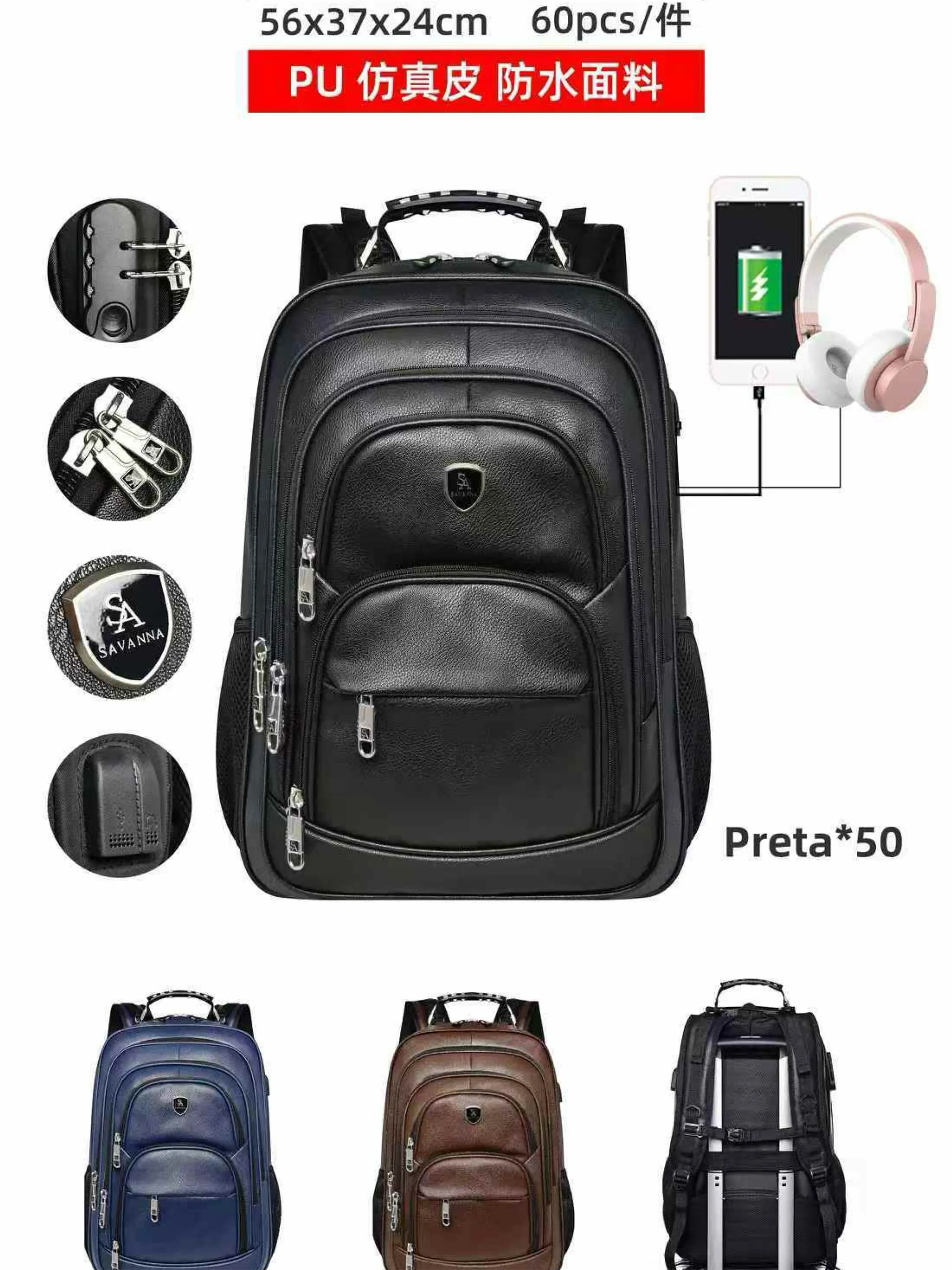 Mochila masculina de courino com cabo USB e com cadeado