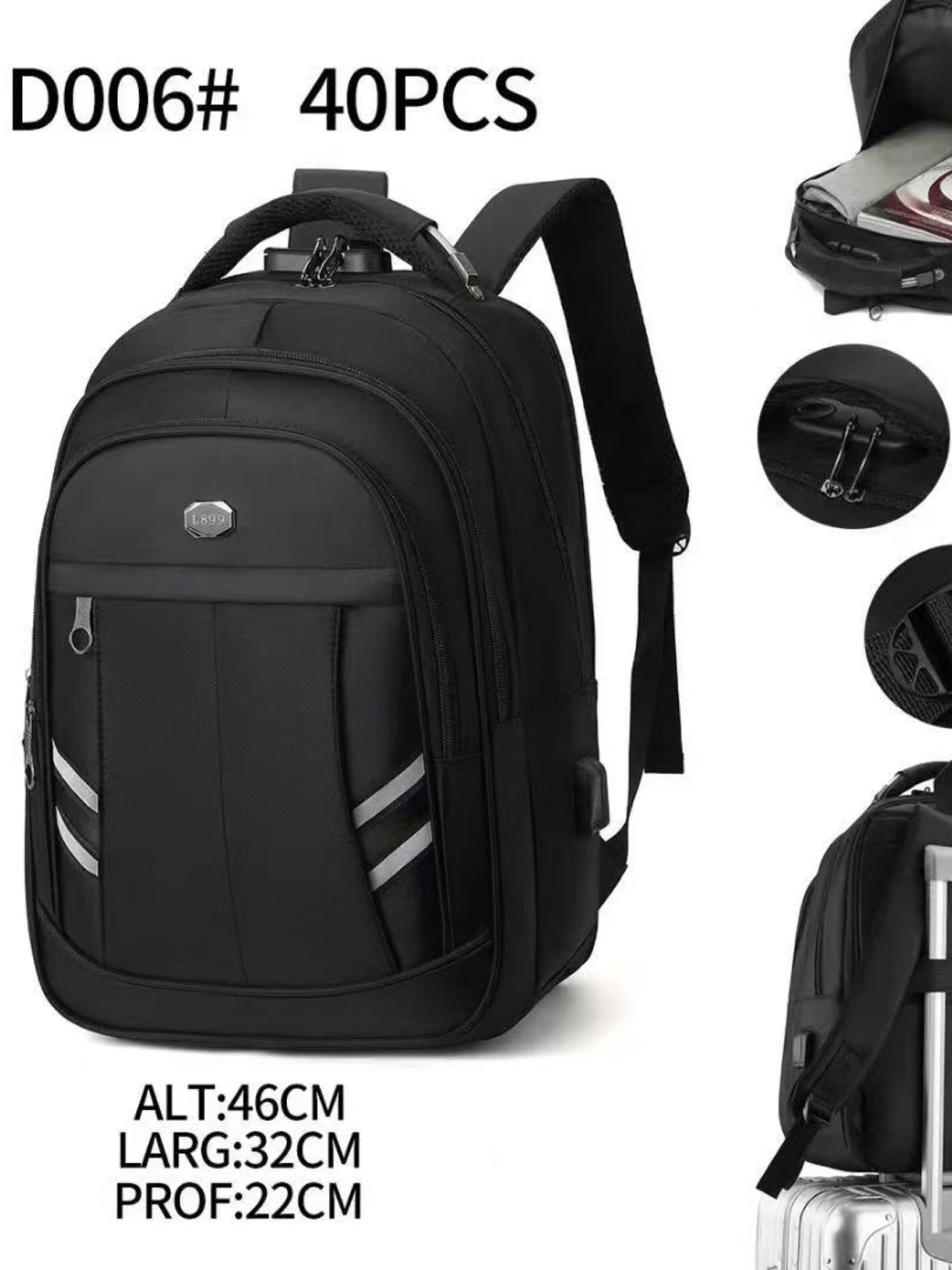 Mochila masculina com cabo USB e com cadeado D006#