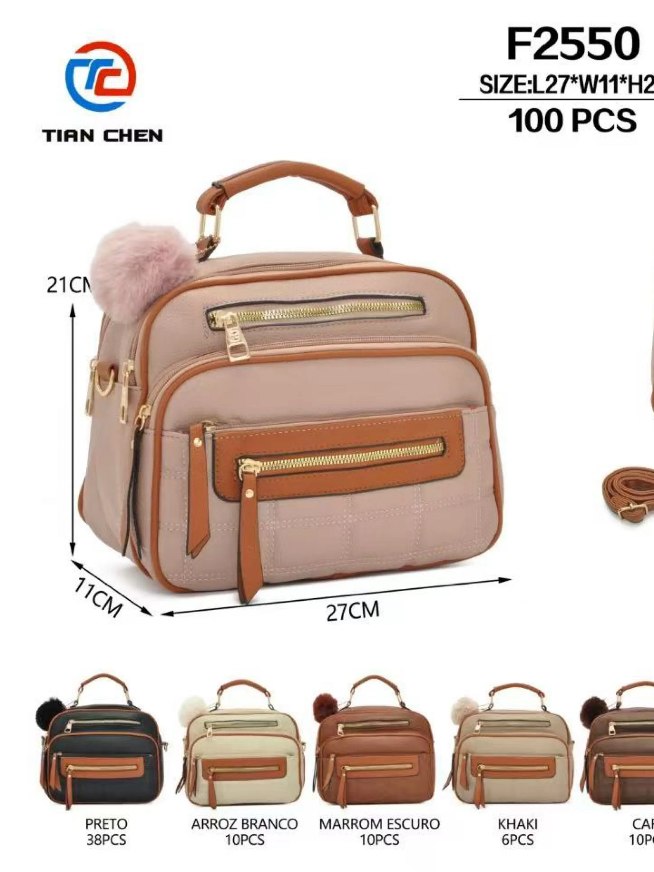 Bolsa média com dois zíper de cima e com pompom F2550