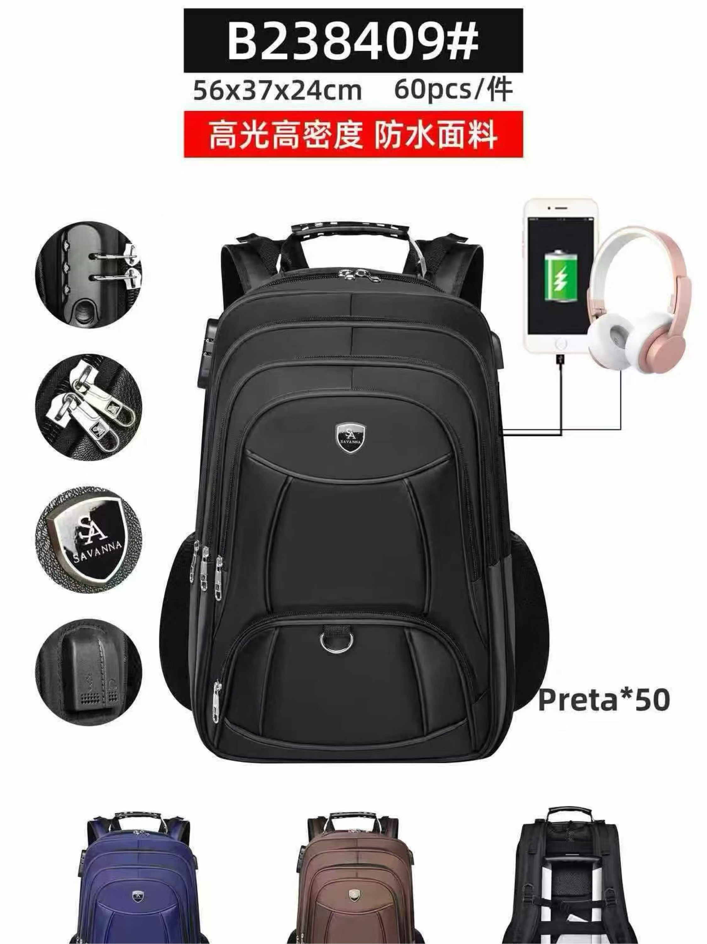 EG Mochila masculina com cabo USB e com cadeado B238409#