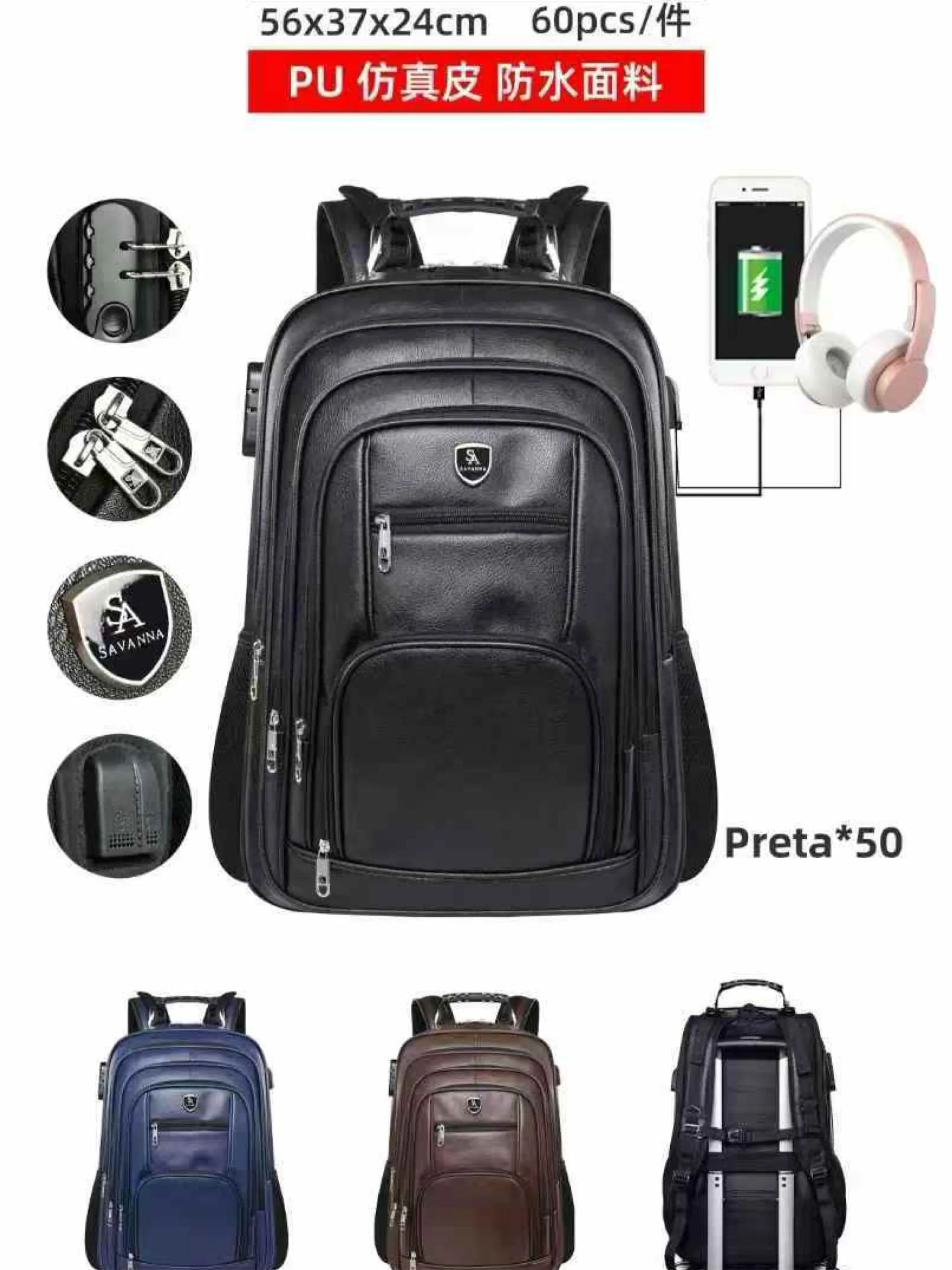 Mochila masculina de courino com cabo USB e com cadeado