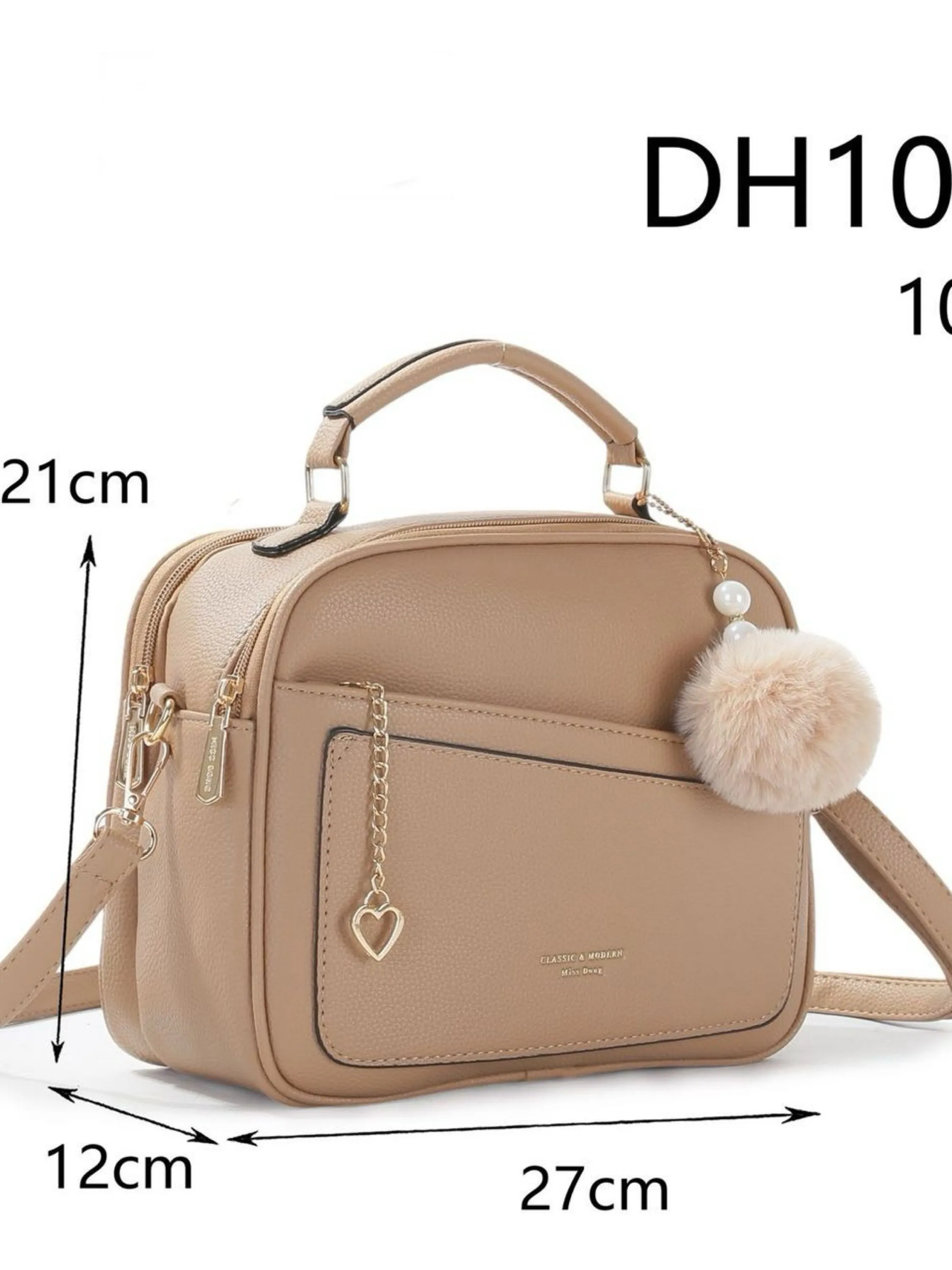 Bolsa média com dois zíper de cima e com pompom