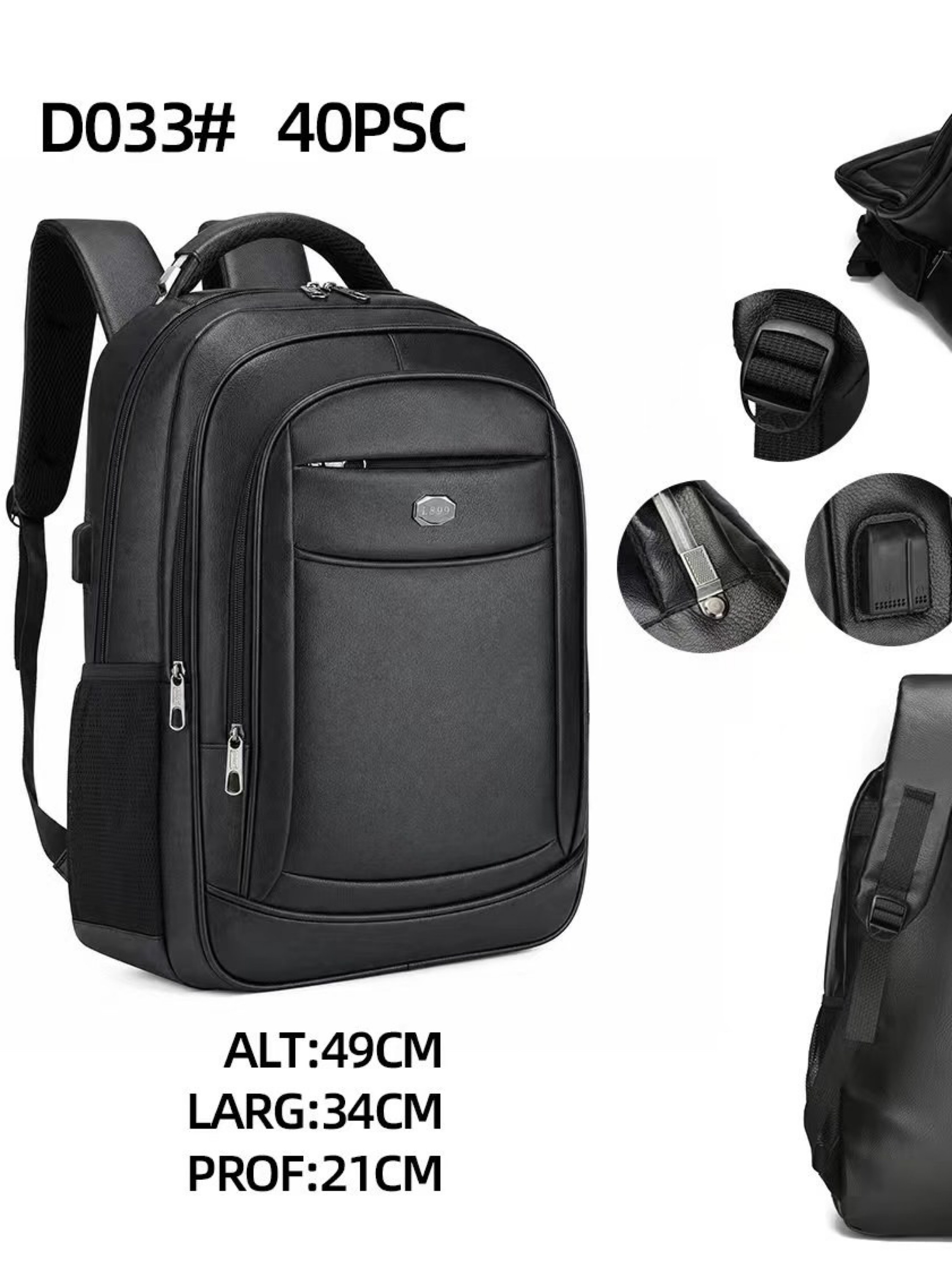 Mochila masculina de courino com cabo USB D033#