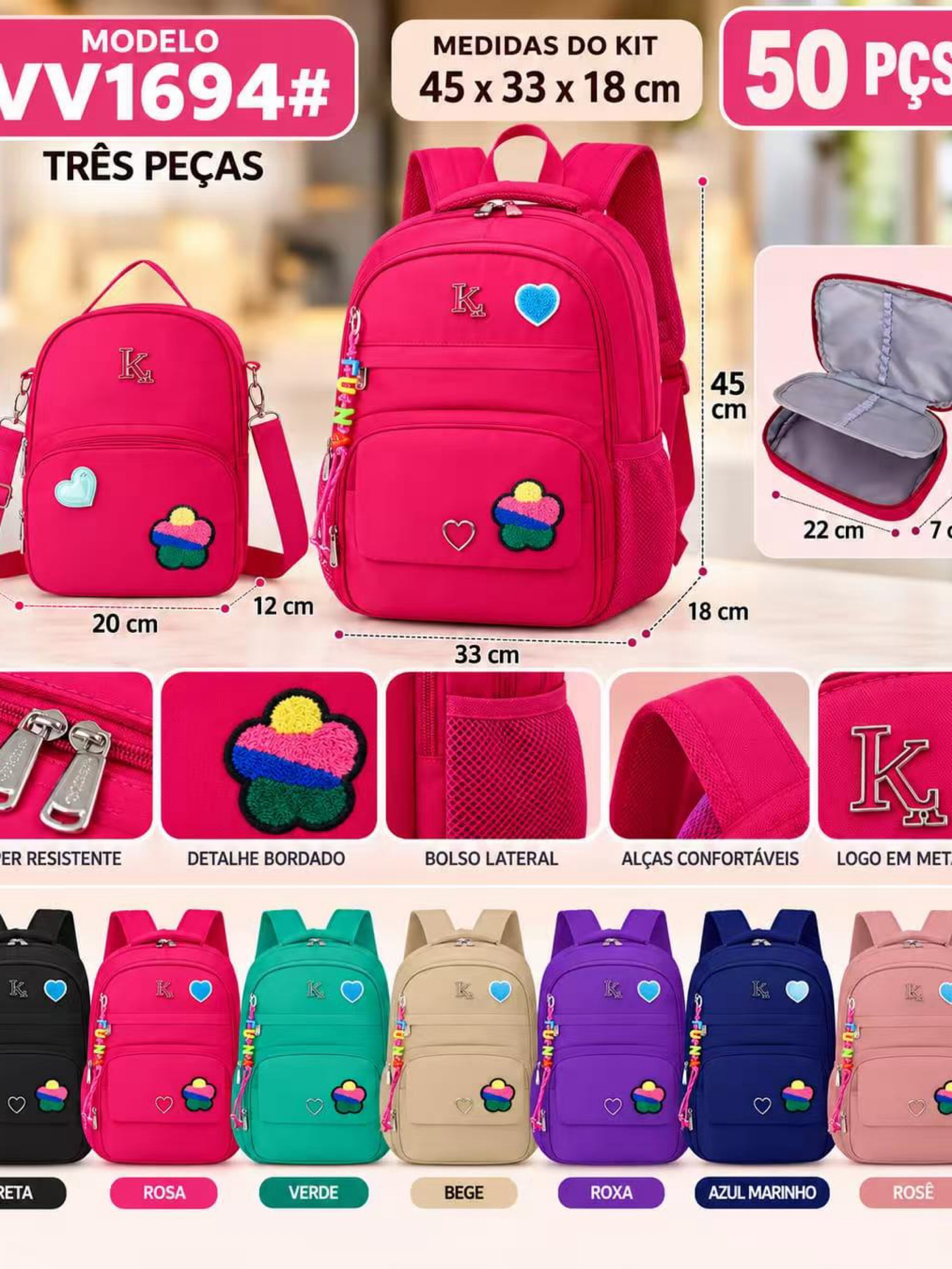 Mochila grande impermeável kit com 3 peças VV1694#