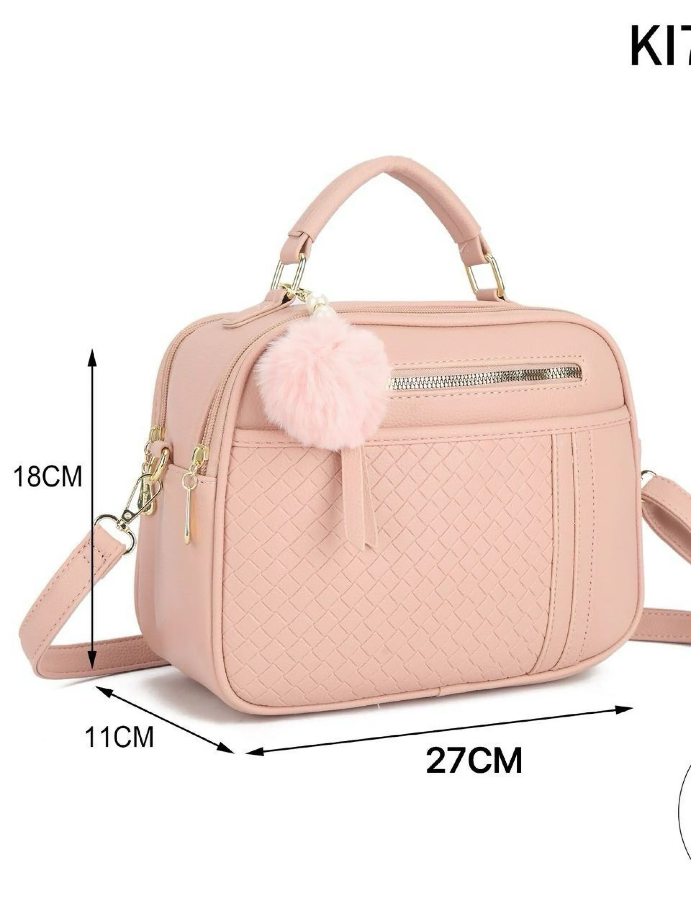 Bolsa média com dois zíper de cima e com pompom