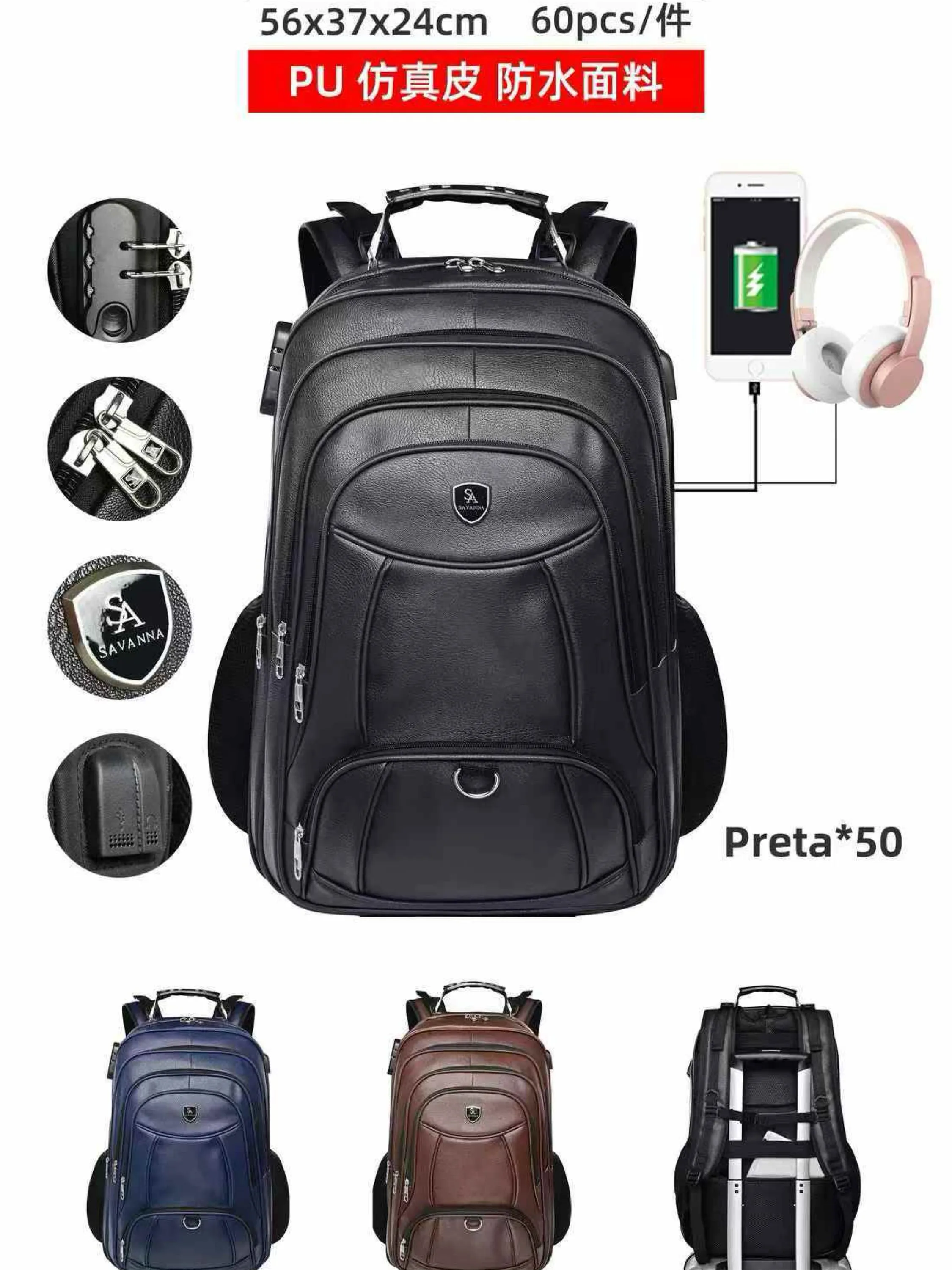 Mochila masculina de courino com cabo USB e com cadeado