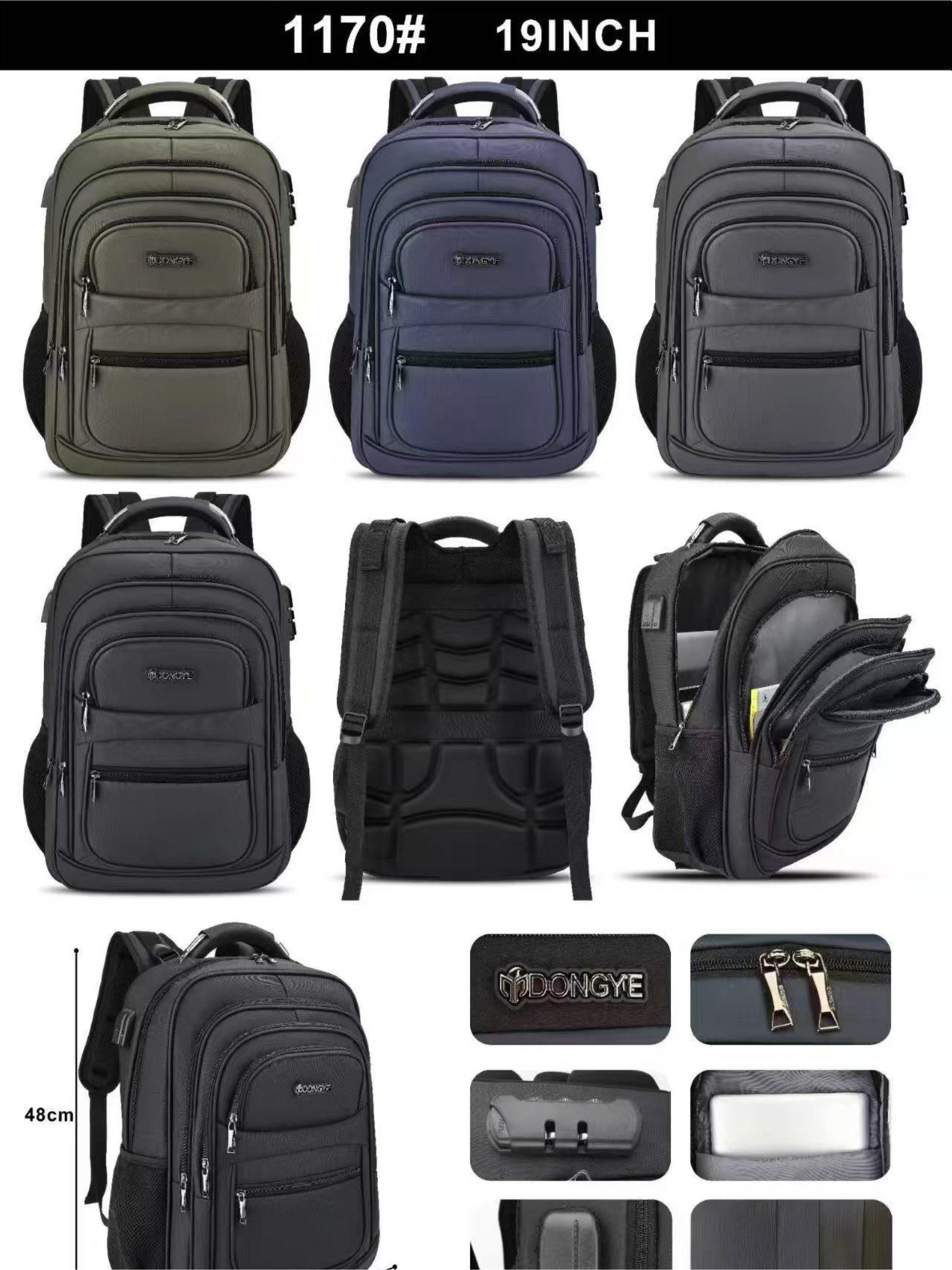 Mochila masculina com cabo USB e com cadeado 1170#