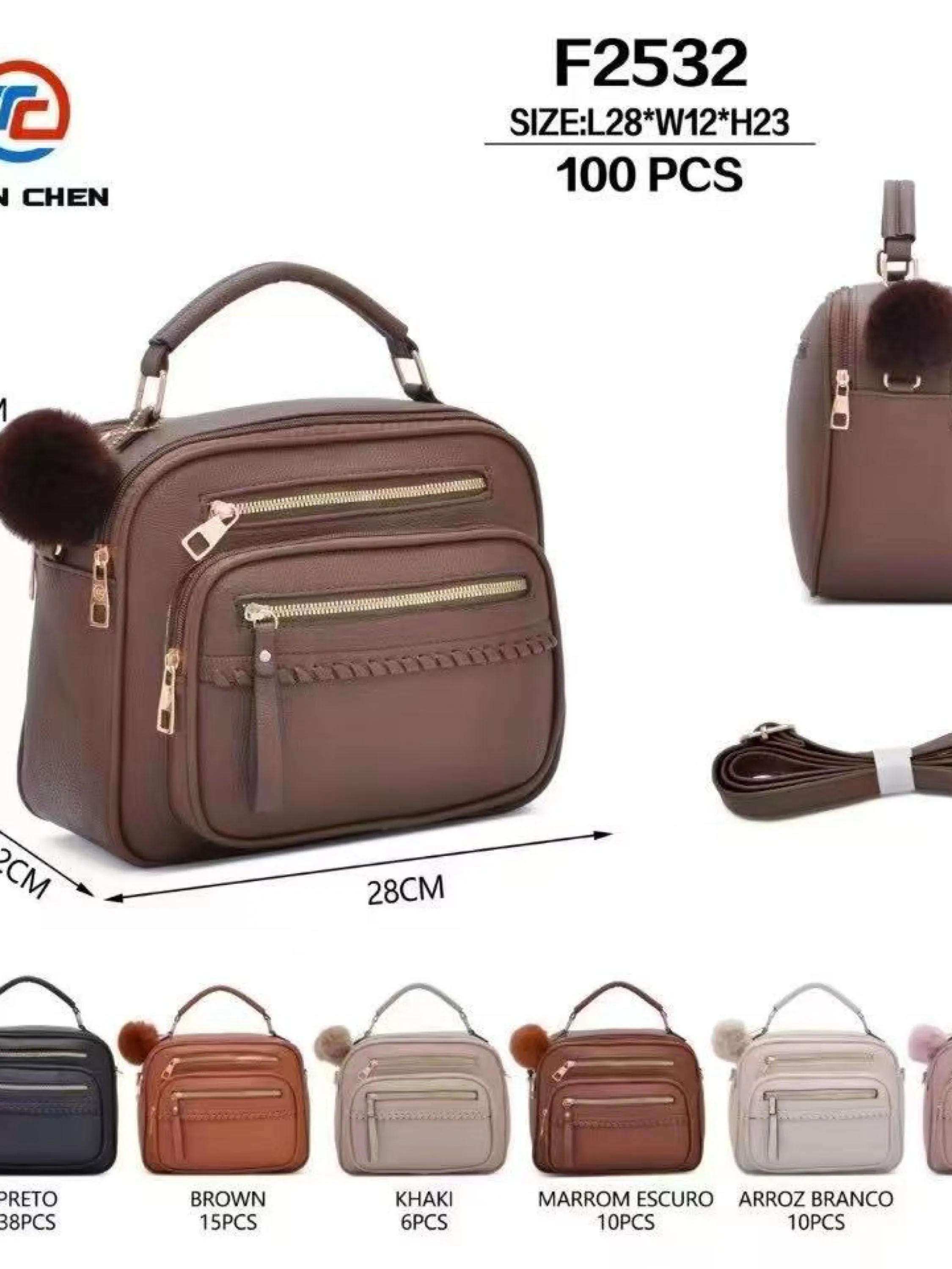 Bolsa média com dois zíper de cima e com pompom F2532