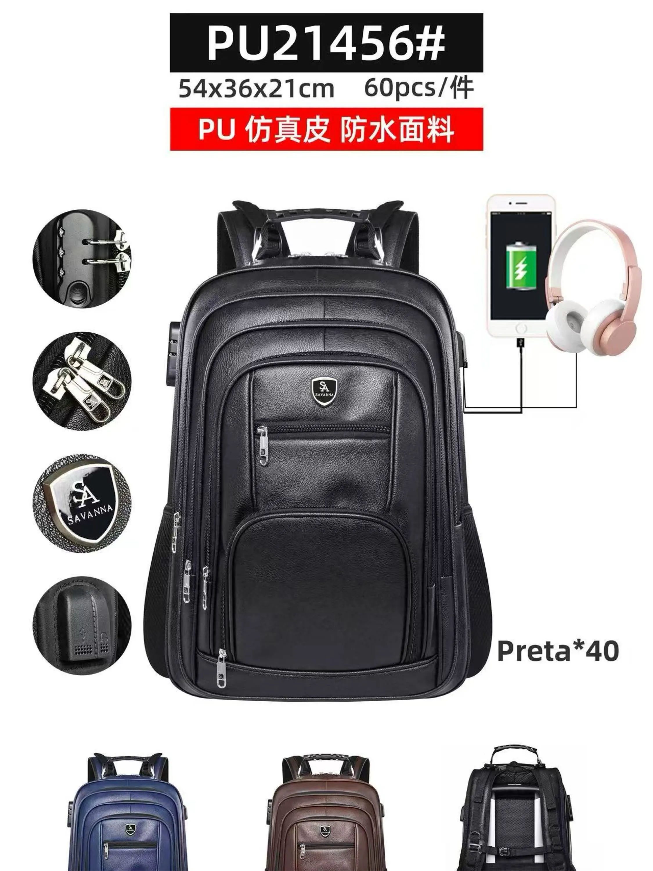 Mochila masculina de courino com cabo USB e com cadeado