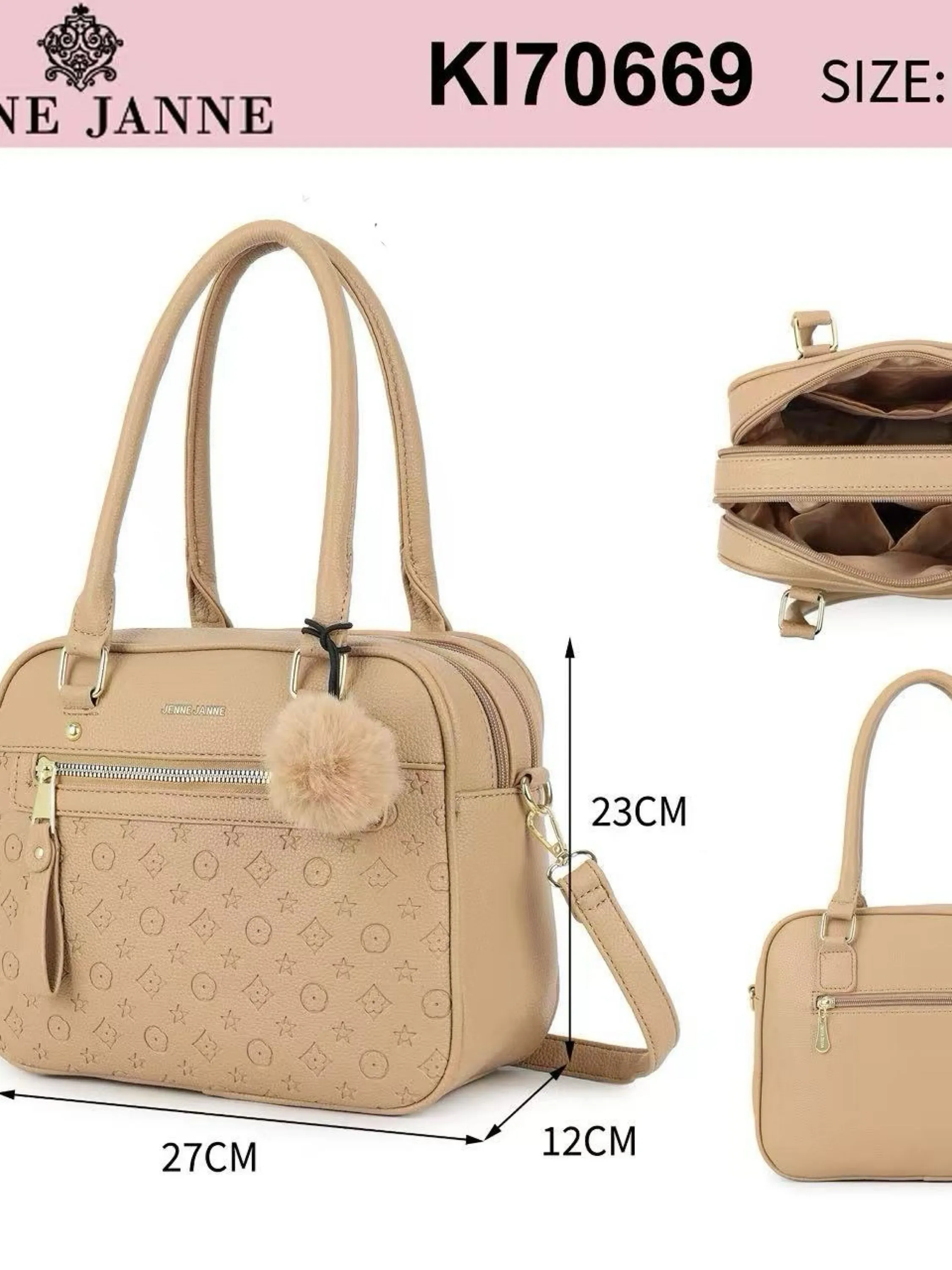 Bolsa média com dois zíper de cima e com pompom KI70669
