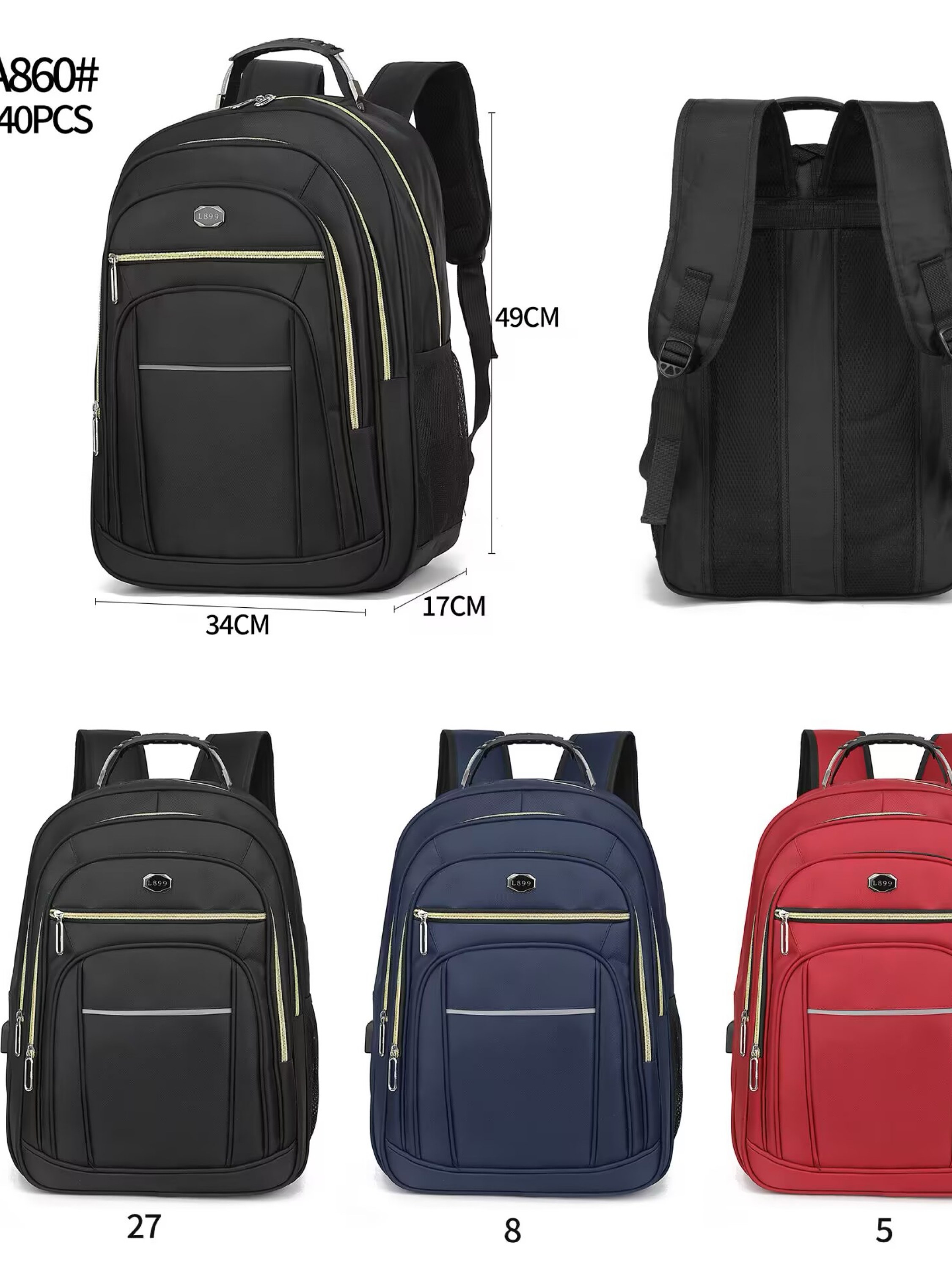 Mochila masculina com cabo de aço e com cabo USB A860#