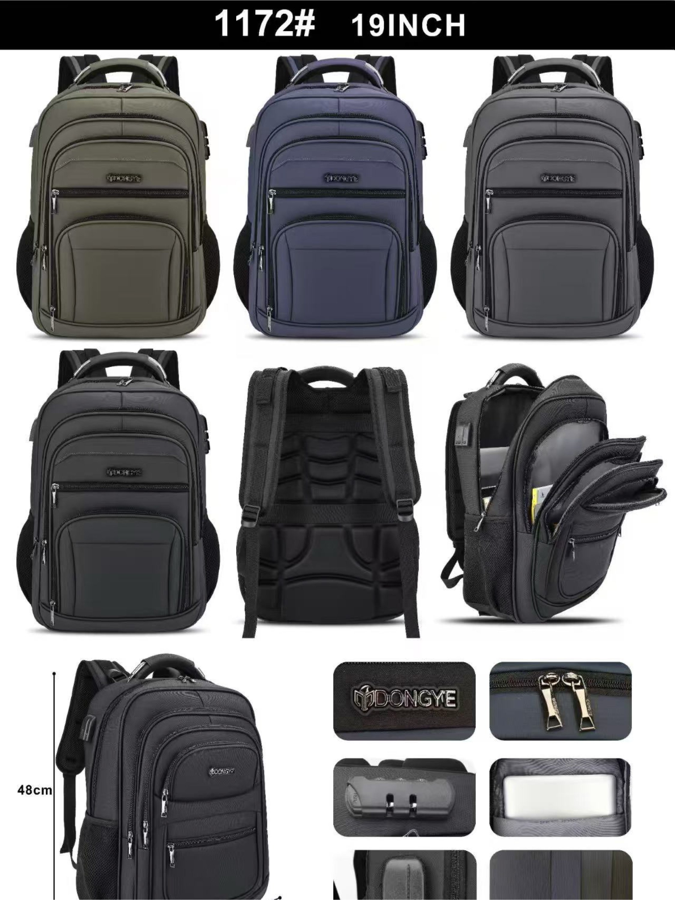 Mochila masculina com cabo USB e com cadeado 1172#