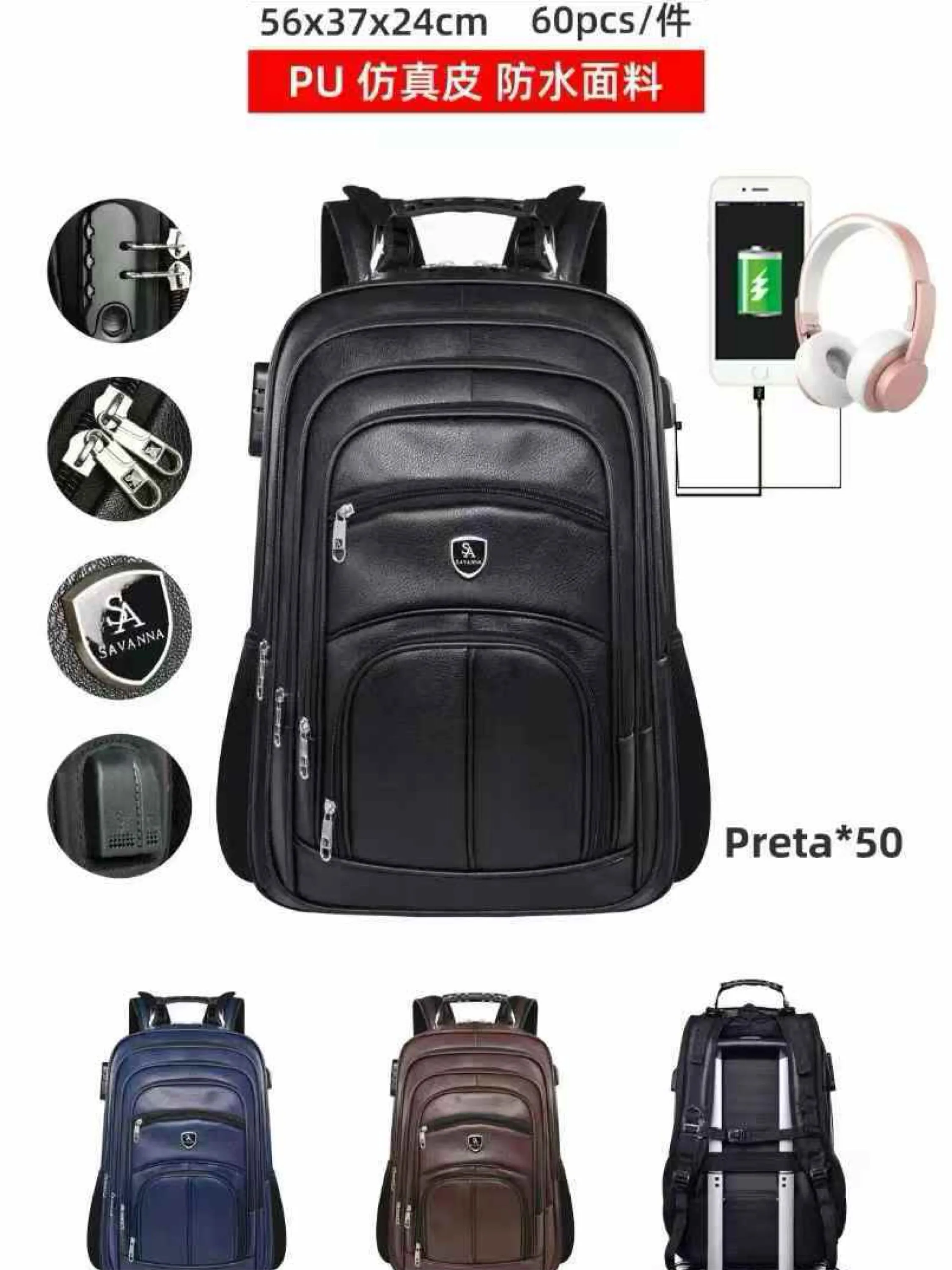 Mochila de courino com cabo USB e com cadeado SEM Carrinho