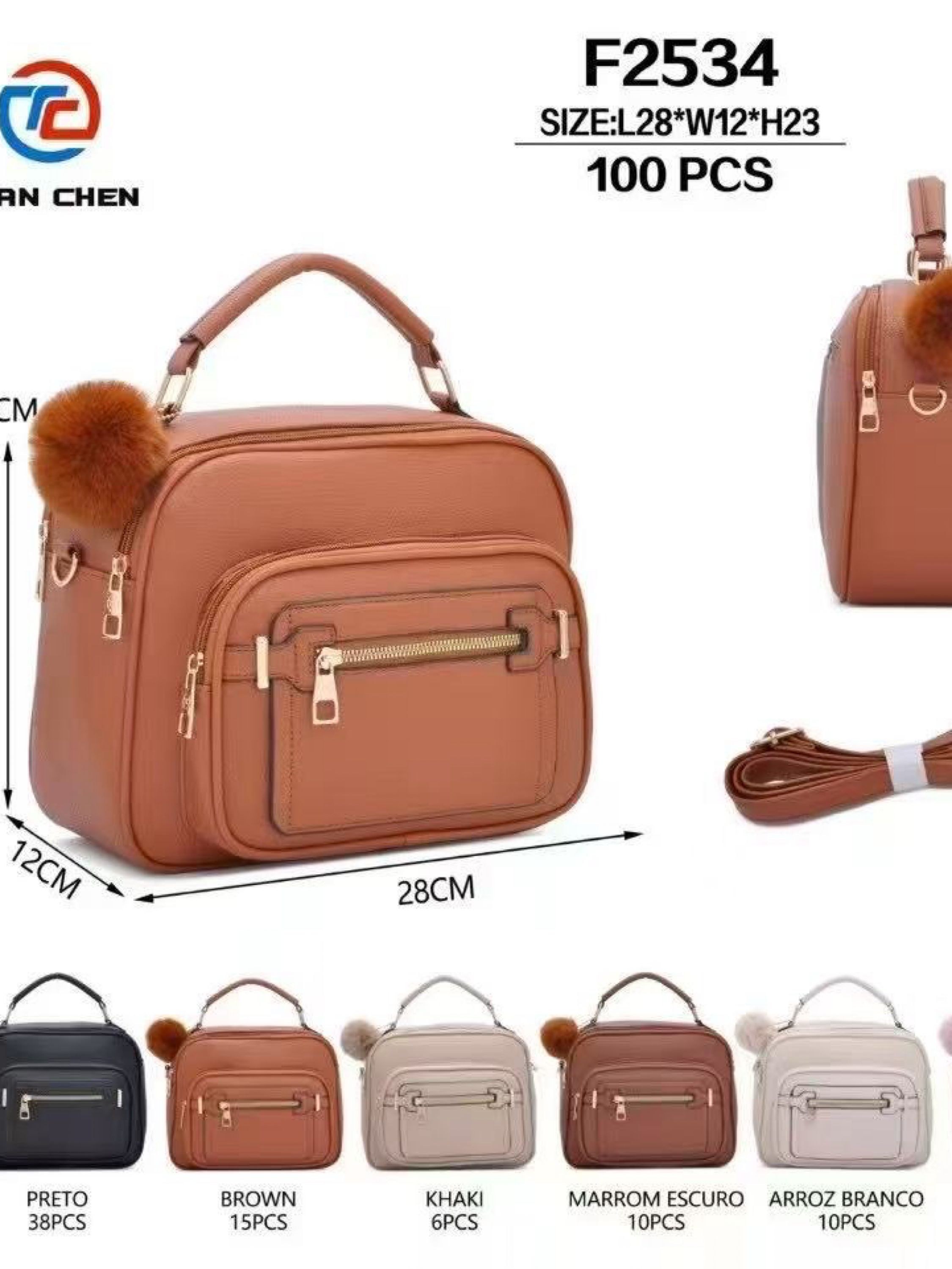 Bolsa média com dois zíper de cima e com pompom F2534