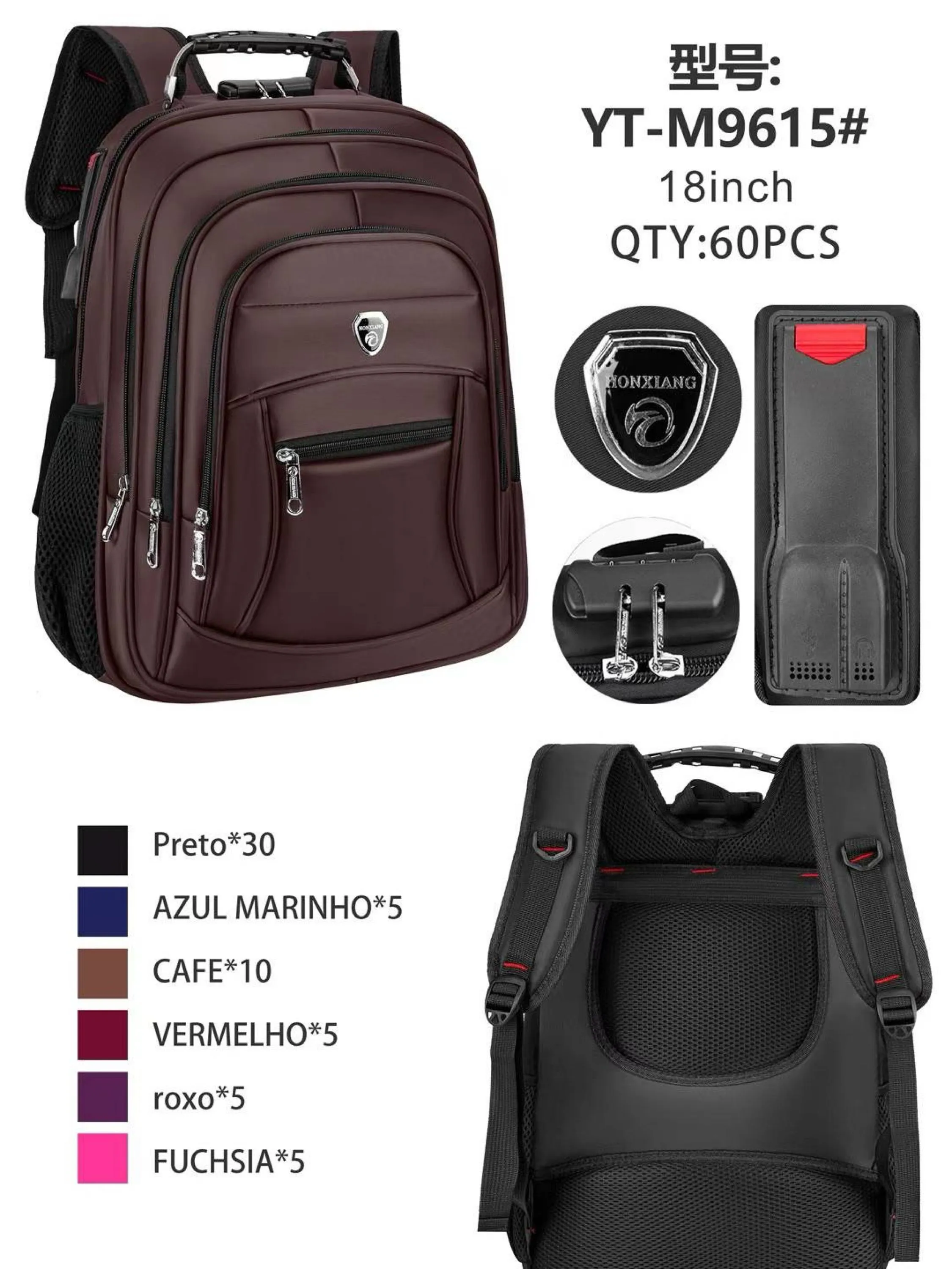 Mochila masculina com cabo de aço e com cabo USB e com senha