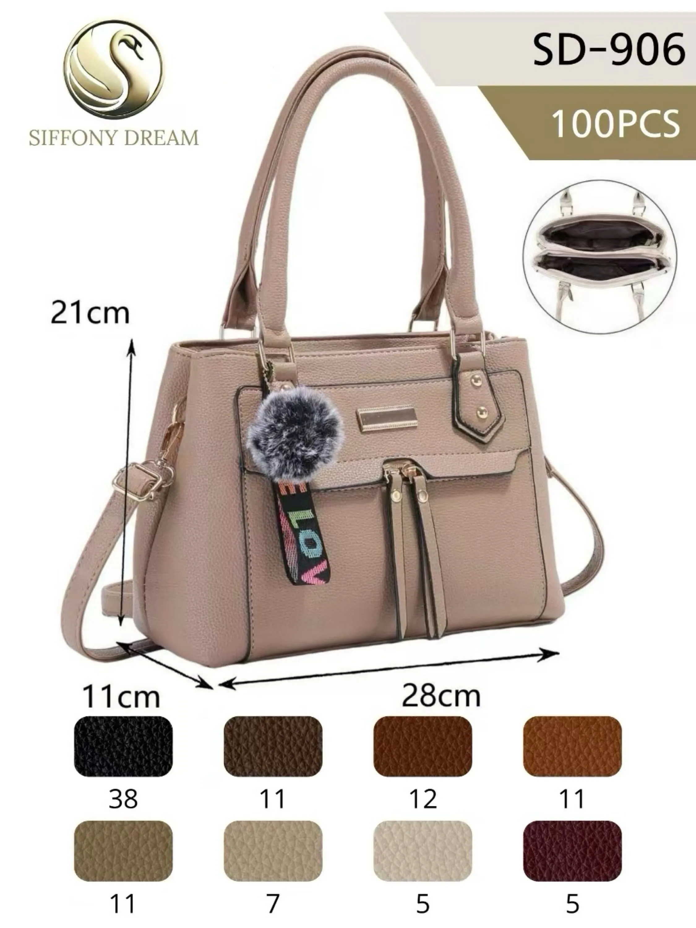 Bolsa média com dois zíper de cima e com pompom SD-906