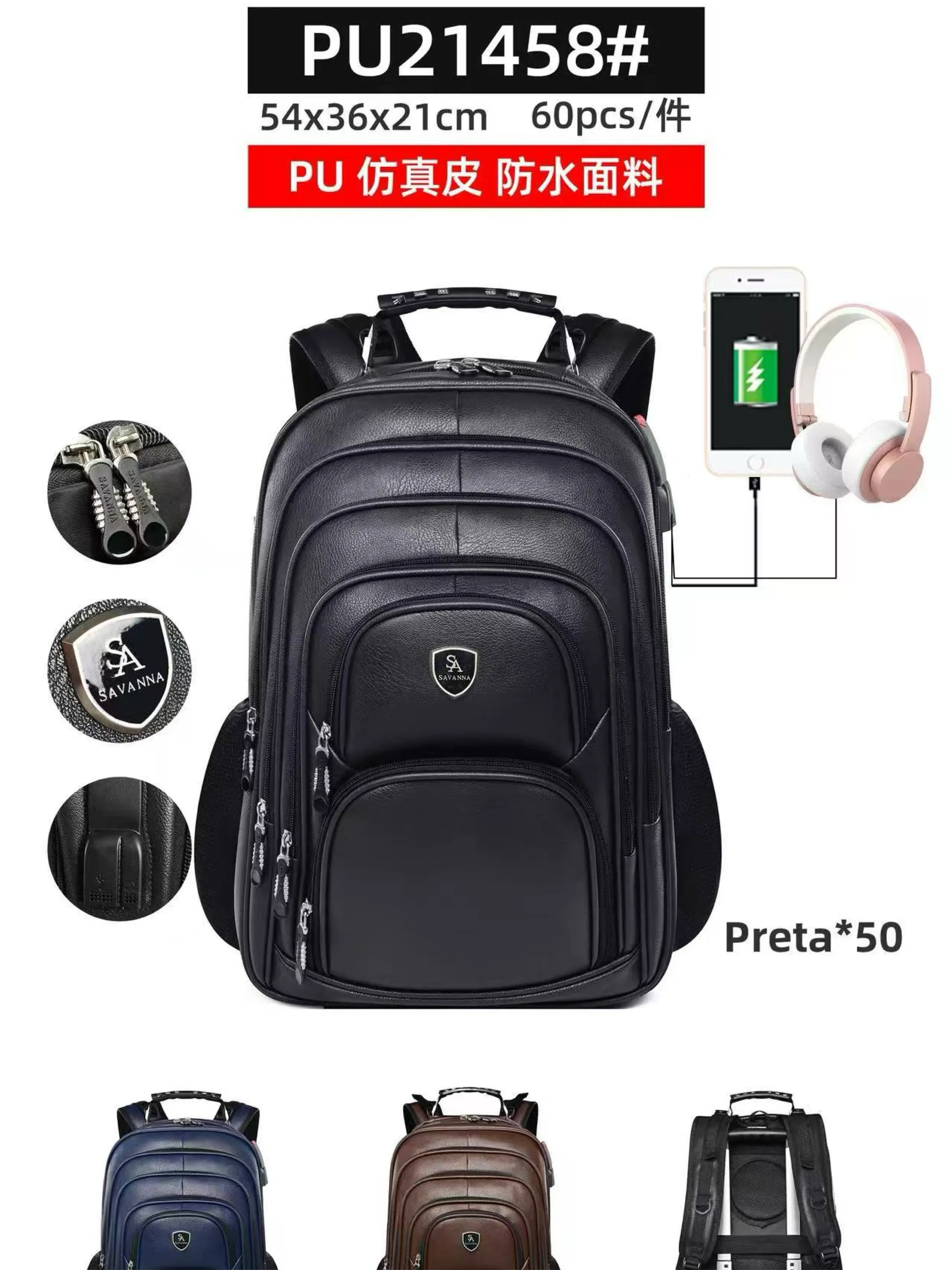 Mochila masculina de courino com cabo USB e com cadeado
