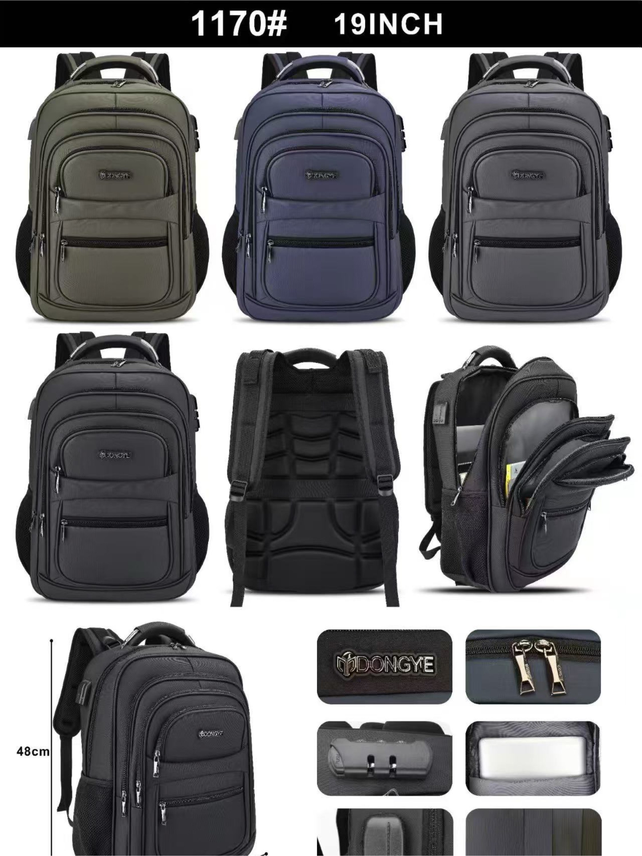 Mochila masculina com cabo USB e com cadeado 1170#