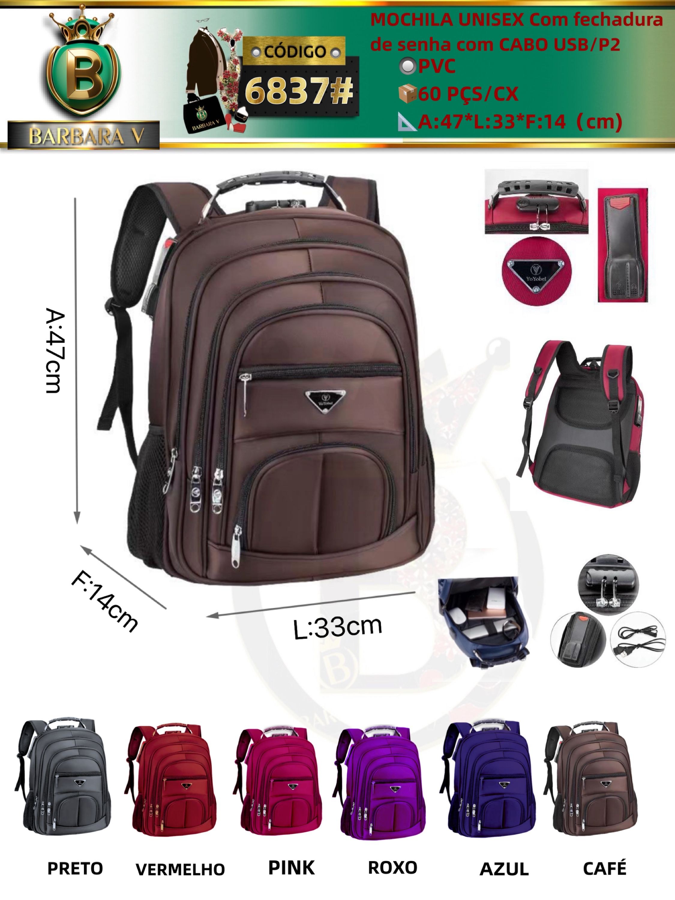 BARBARA V BOLSAS/MOCHILA UNISEX Com fechadura de senha com CABO USB/P2(6837#)