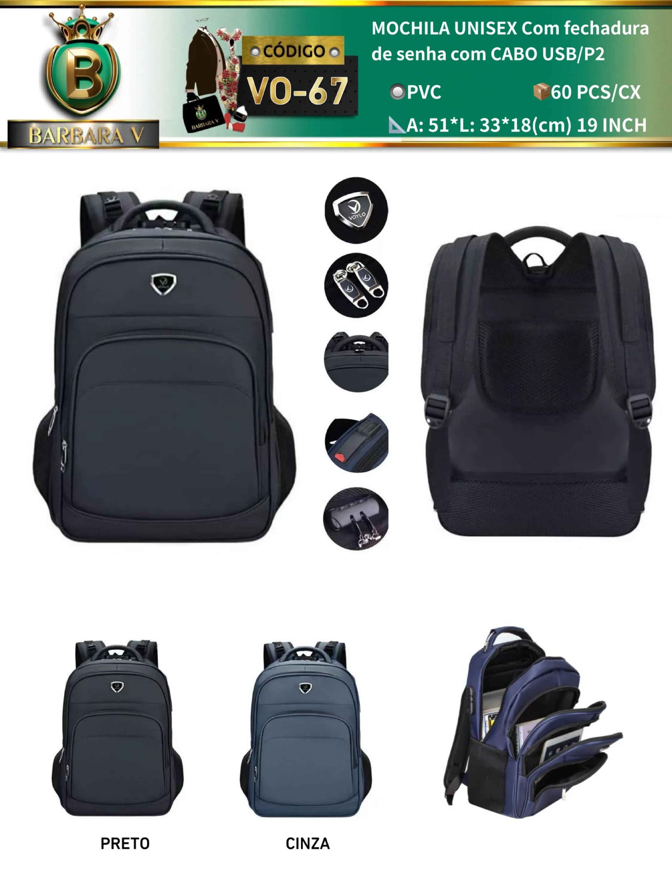 MOCHILA fechadura de senha com CABO USB/P2 (VO-67)