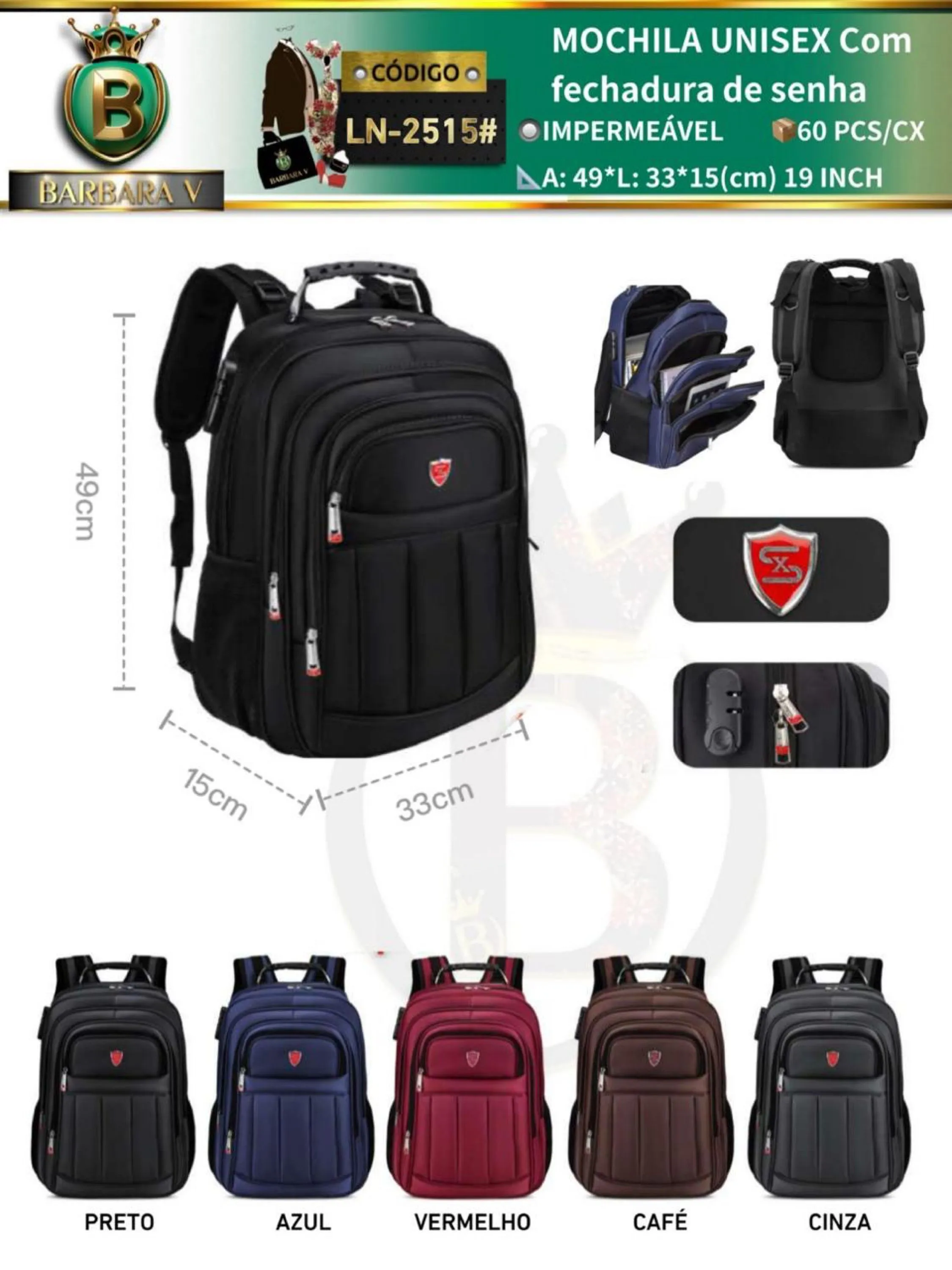 MOCHILA Com fechadura de senha com CABO USB/P2 (LN-2515#)