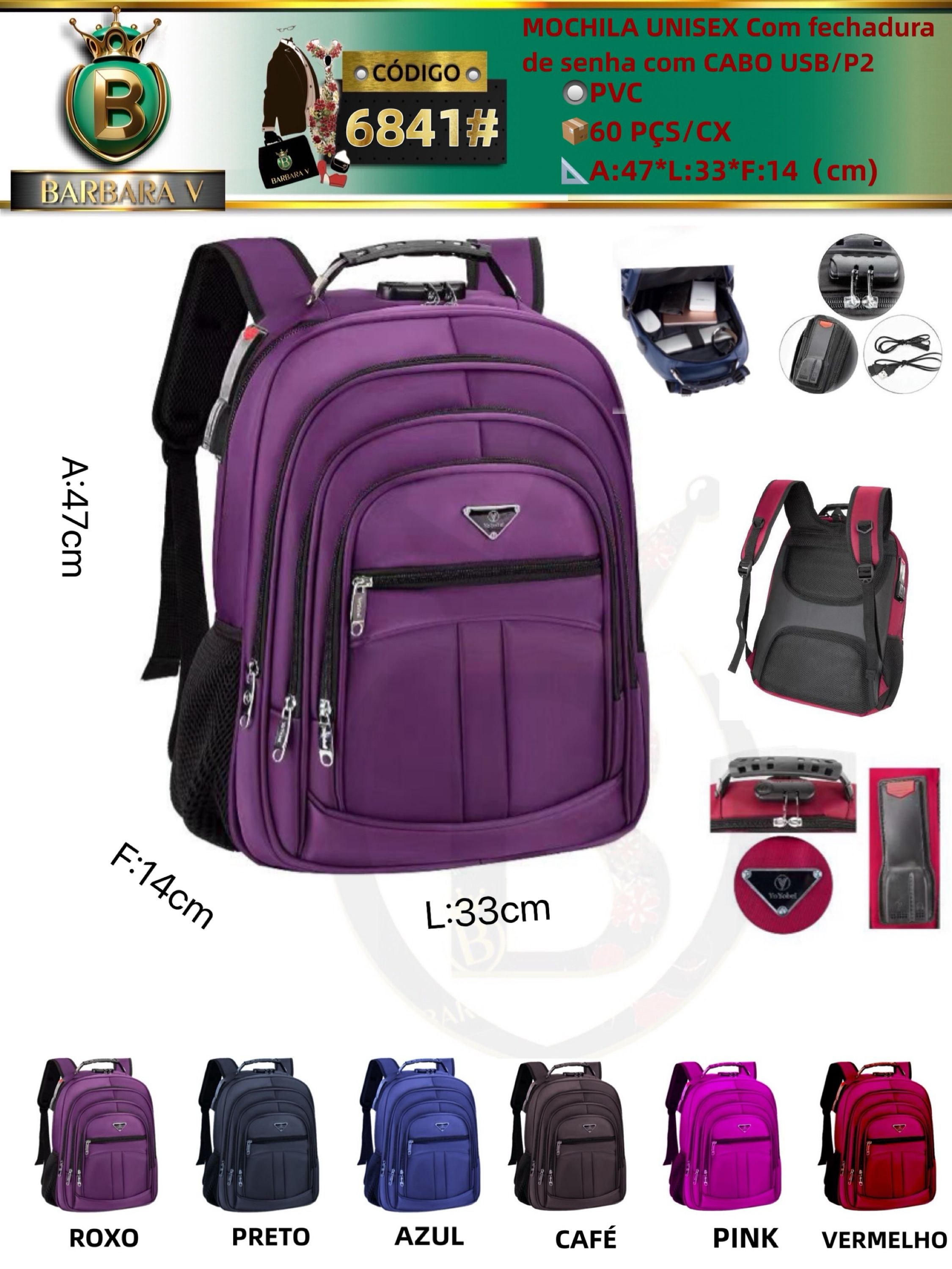 BARBARA V BOLSAS/MOCHILA UNISEX Com fechadura de senha com CABO USB/P2(6841#)