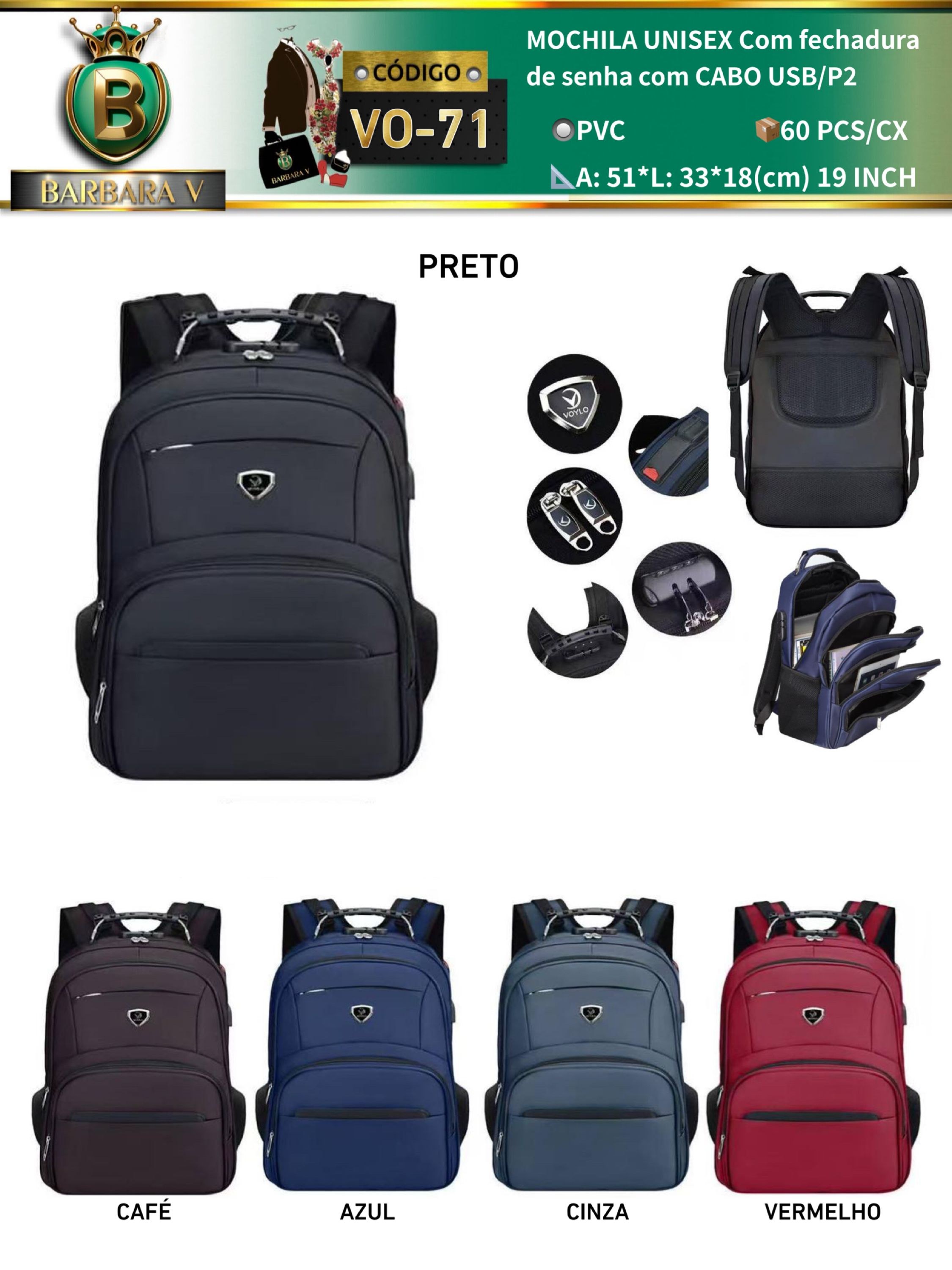 MOCHILA UNISEX Com fechadura de senha com CABO USB/P2(VO-71)