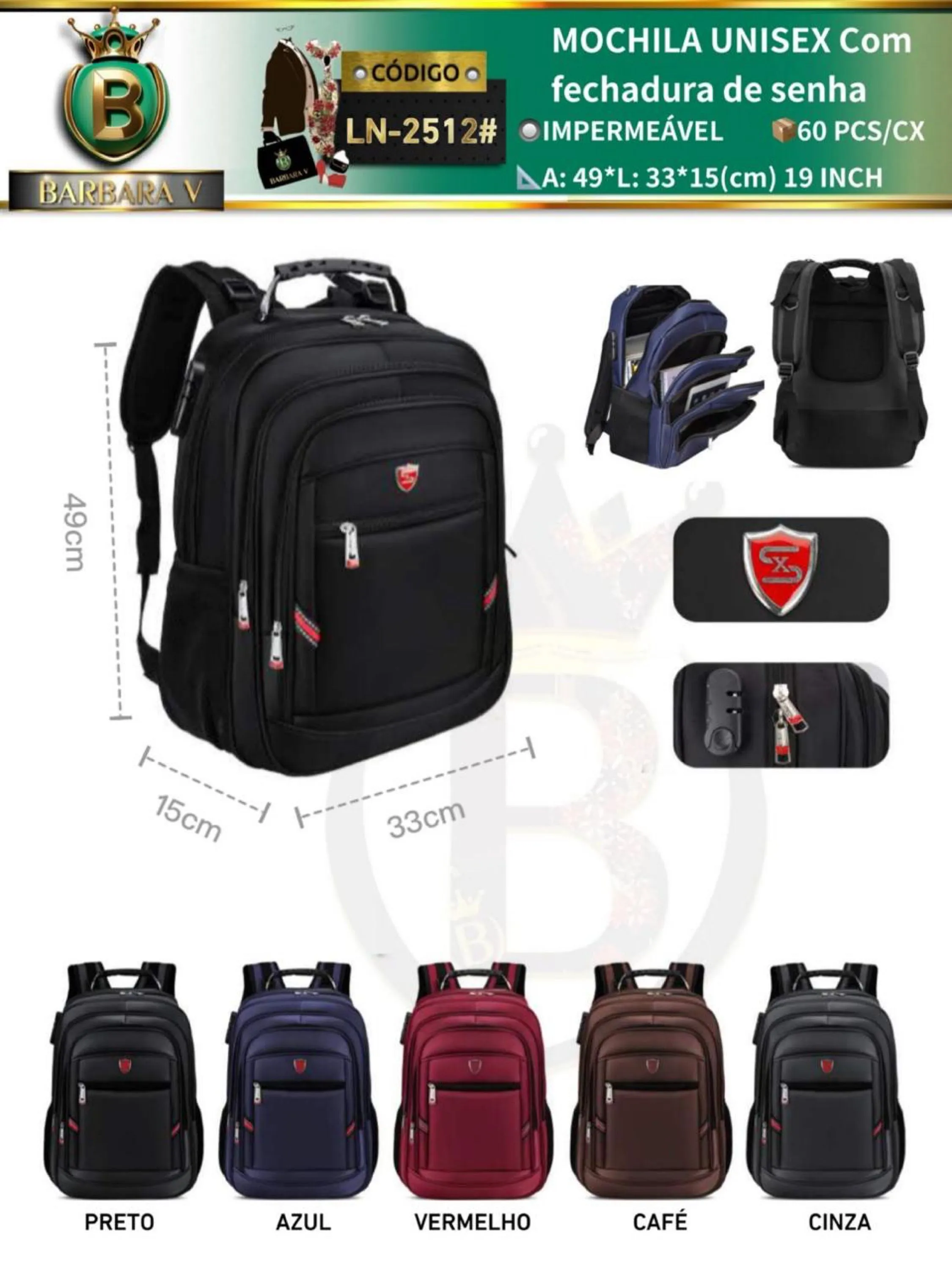 MOCHILA Com fechadura de senha com CABO USB/P2 (LN-2512#)