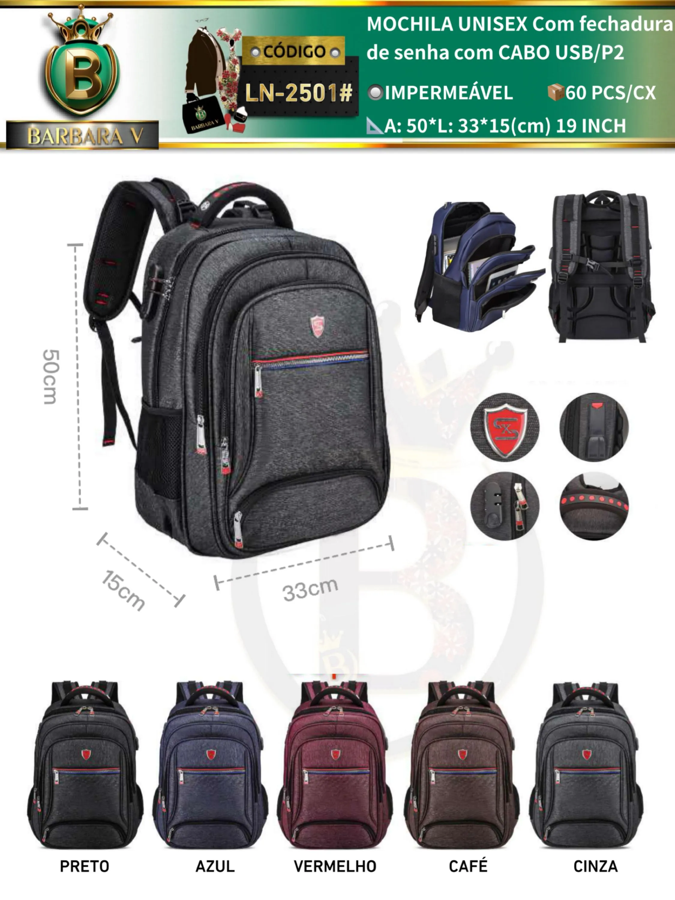 MOCHILA Com fechadura de senha com CABO USB/P2(LN-2501#)