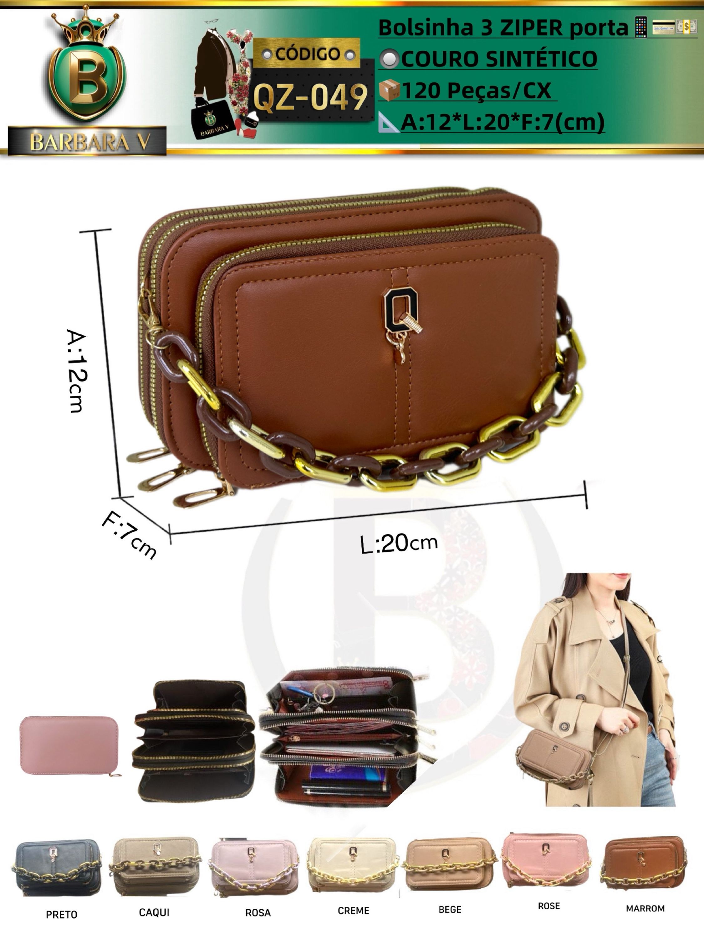 BARBARA V BOLSAS/bolsinha com 3 zíper(QZ-049)