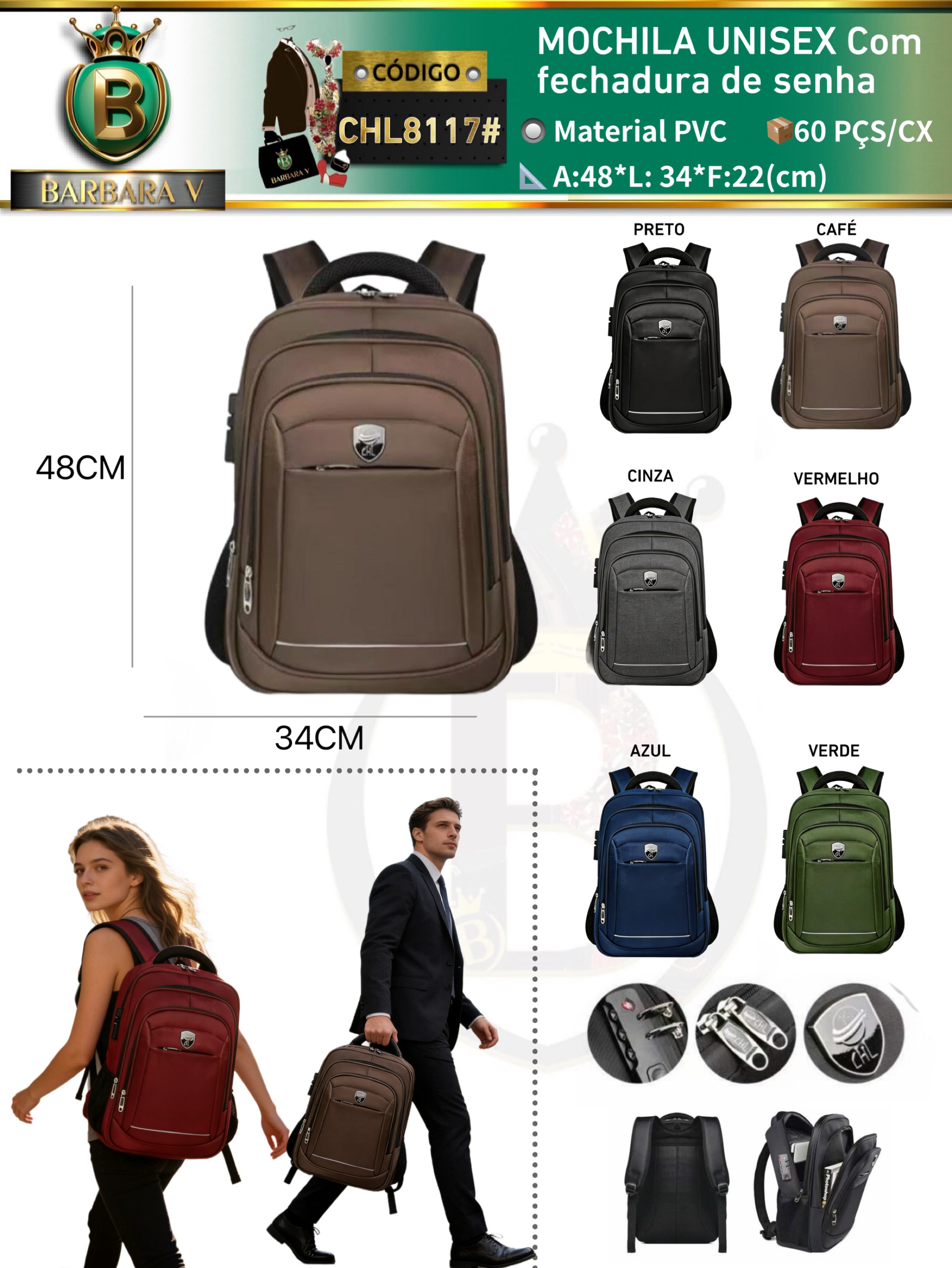 MOCHILA UNISEX Com fechadura de senha(CHL8117#)