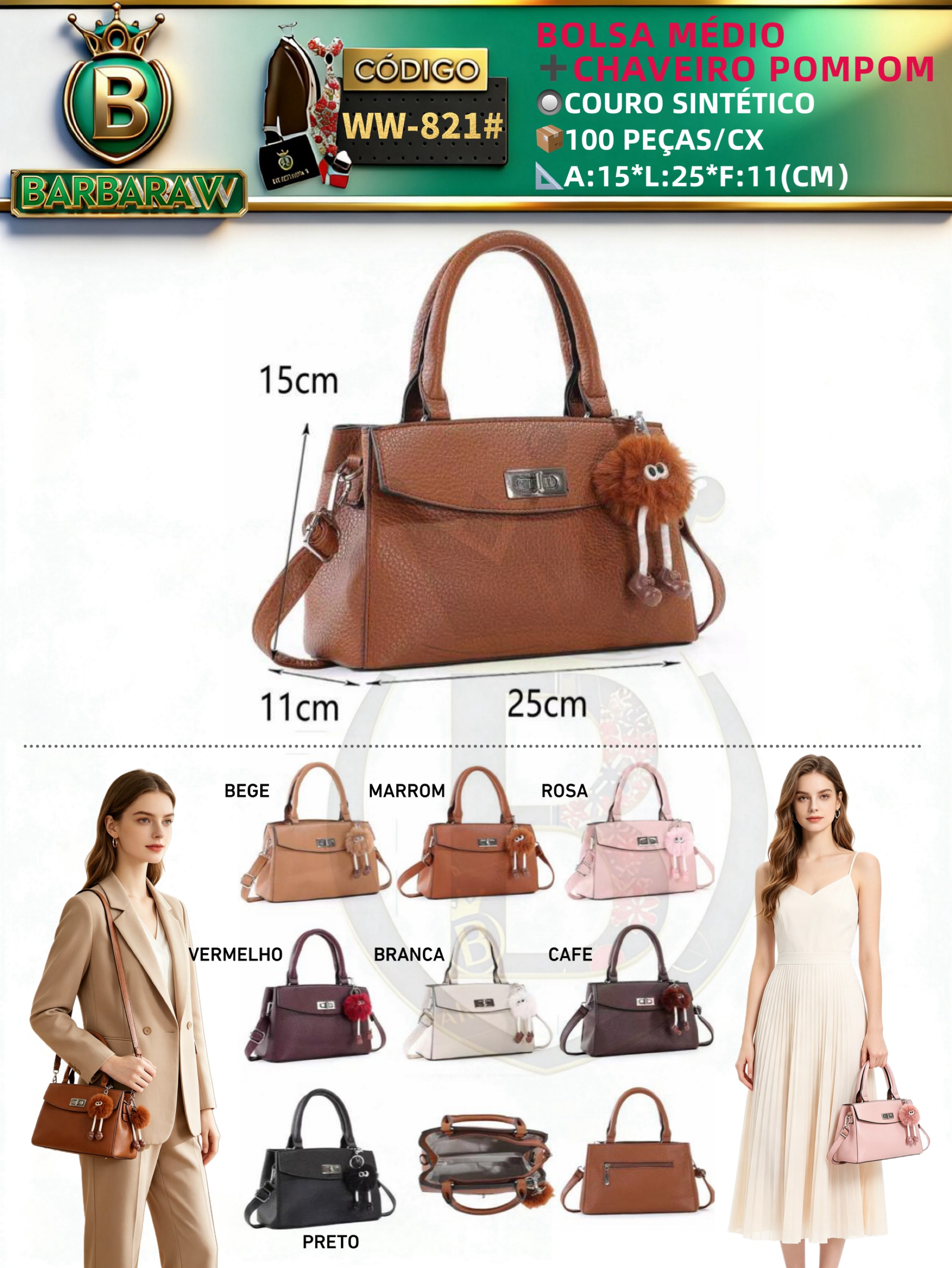 BARBARA V BOLSAS/bolsa médio feminina com chaveiro(WW-821#)