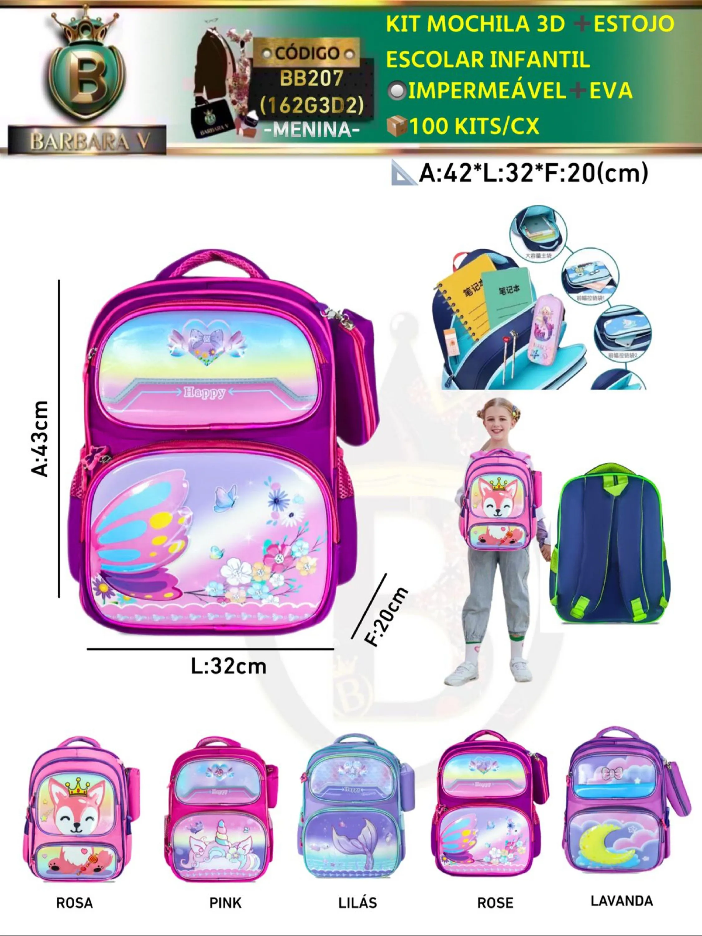 BARBARA V / MOCHILA INFANTIL MENINA 3D+ ESTOJO (BB207)