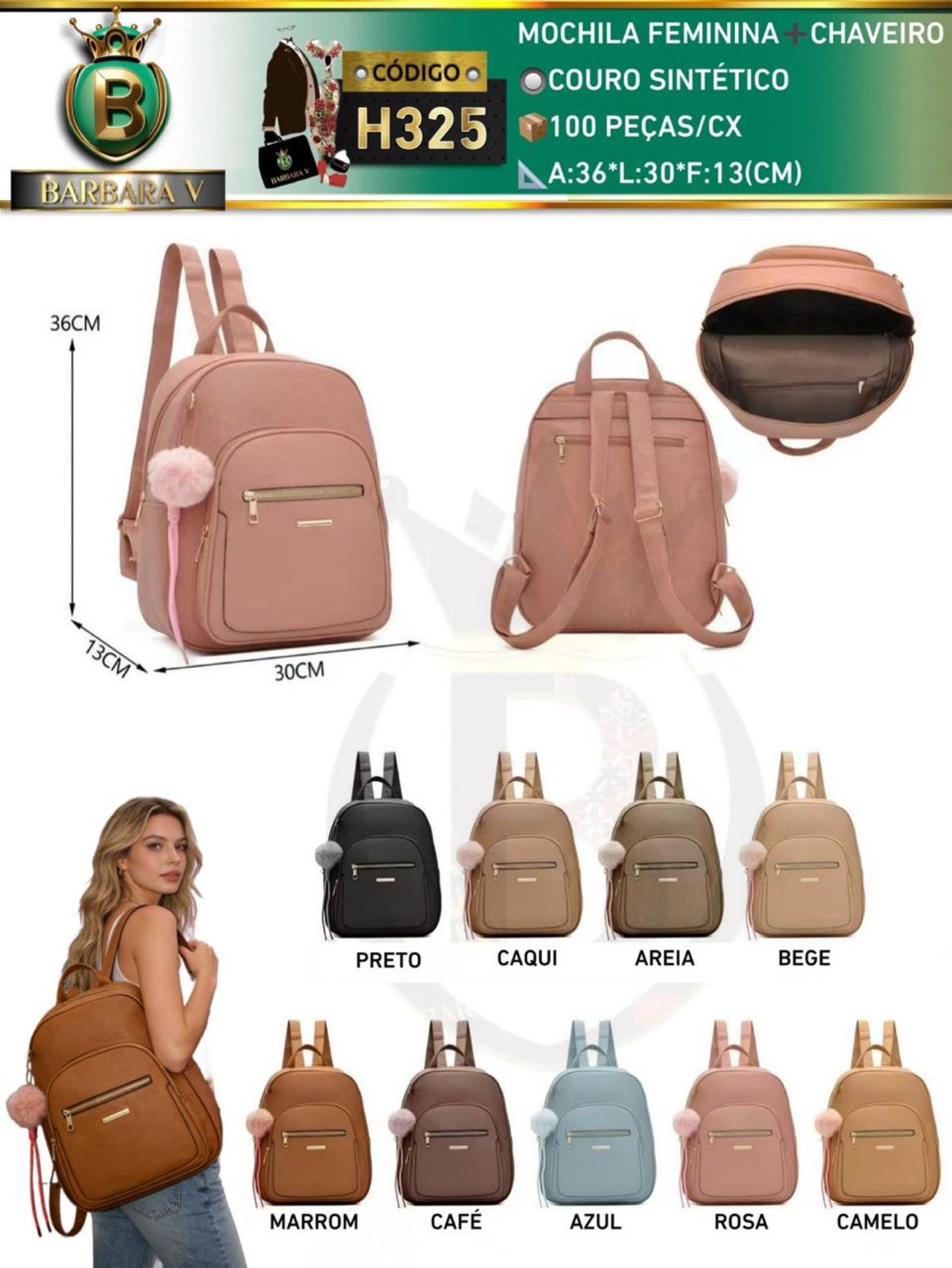 BARBARA V BOLSAS/mochila feminina com chaveiro pompom (H325)