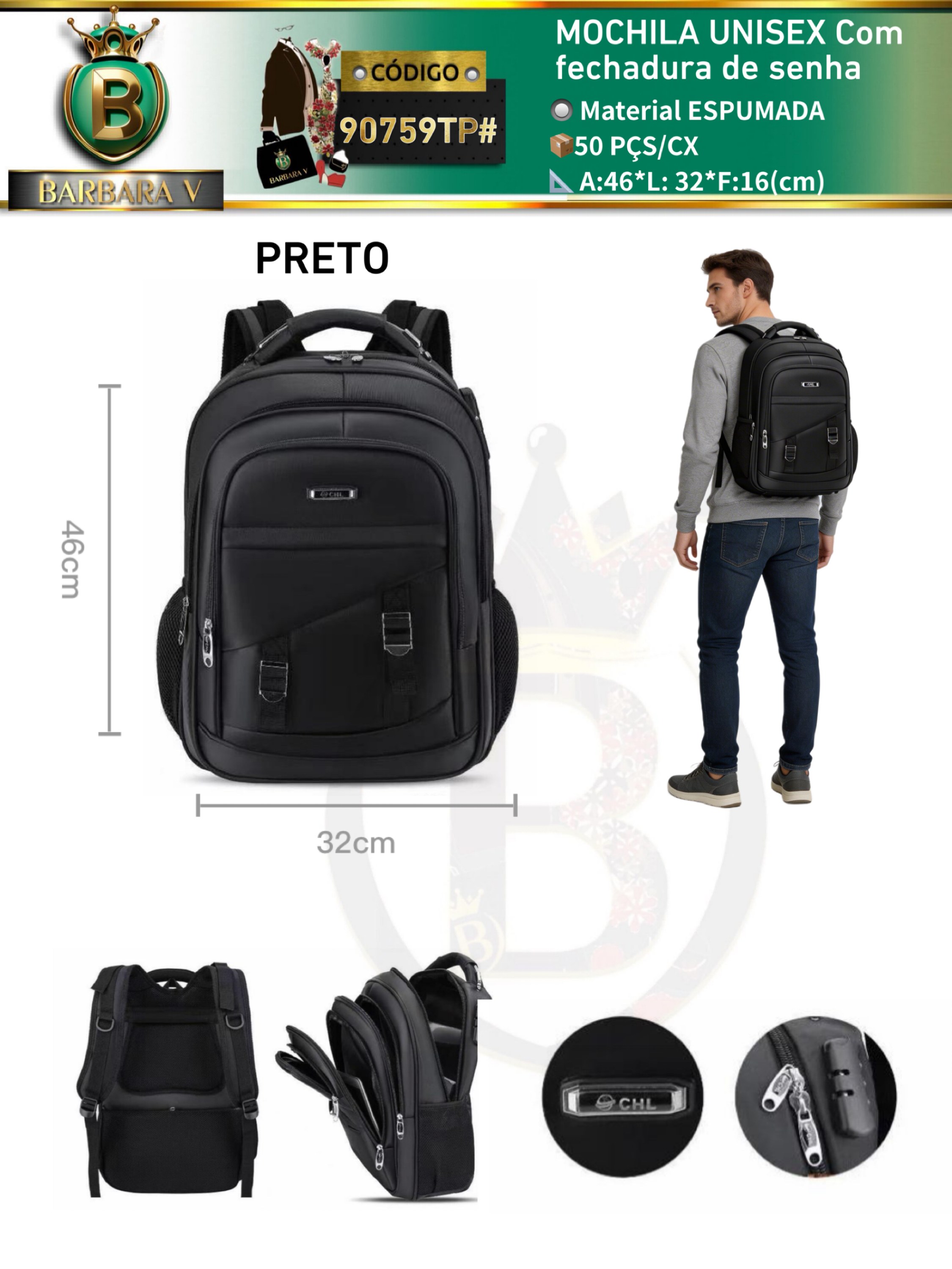 MOCHILA UNISEX Com fechadura de senha(90759TP#）