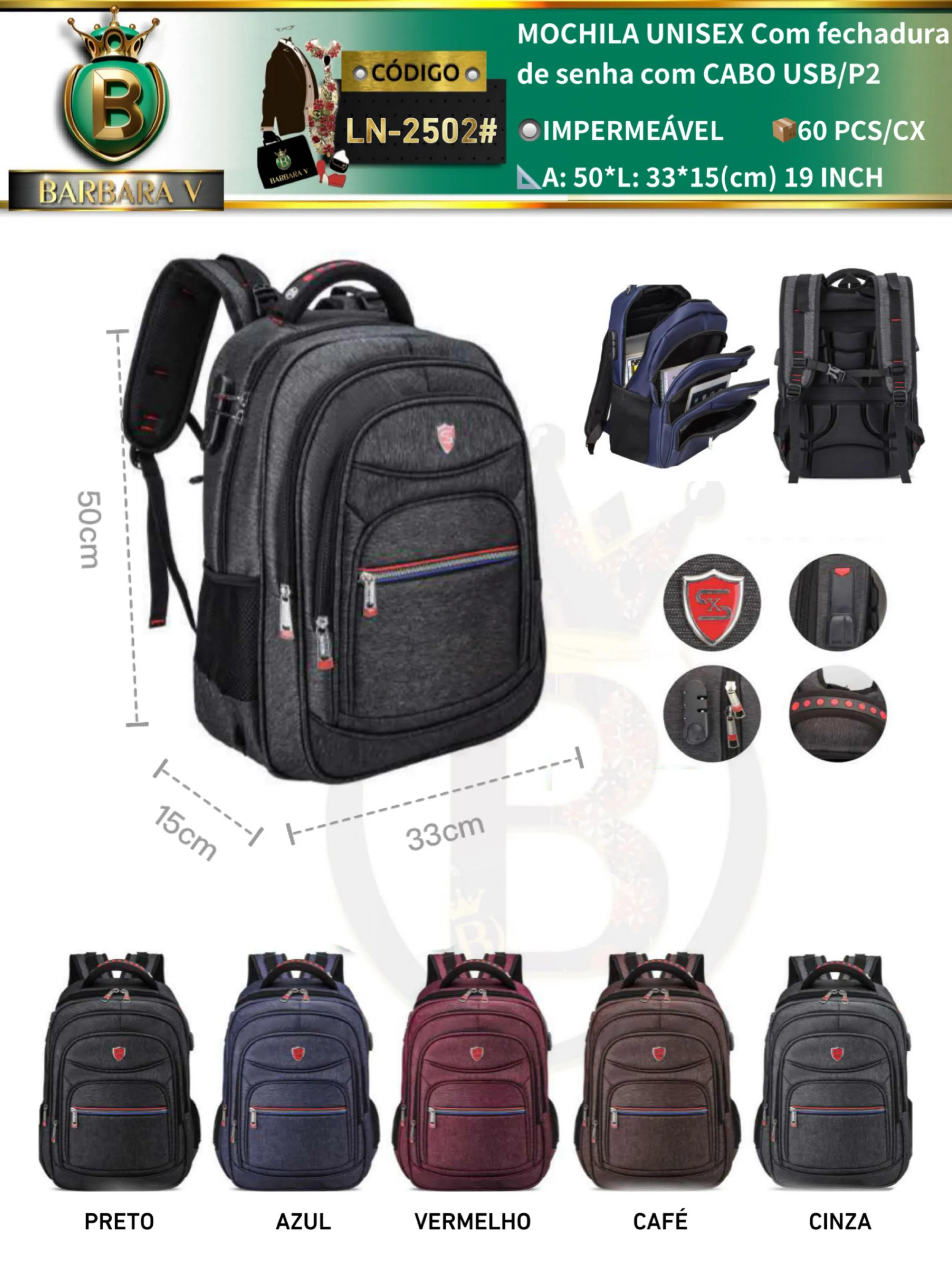 MOCHILA Com fechadura de senha com CABO USB/P2(LN-2502#)