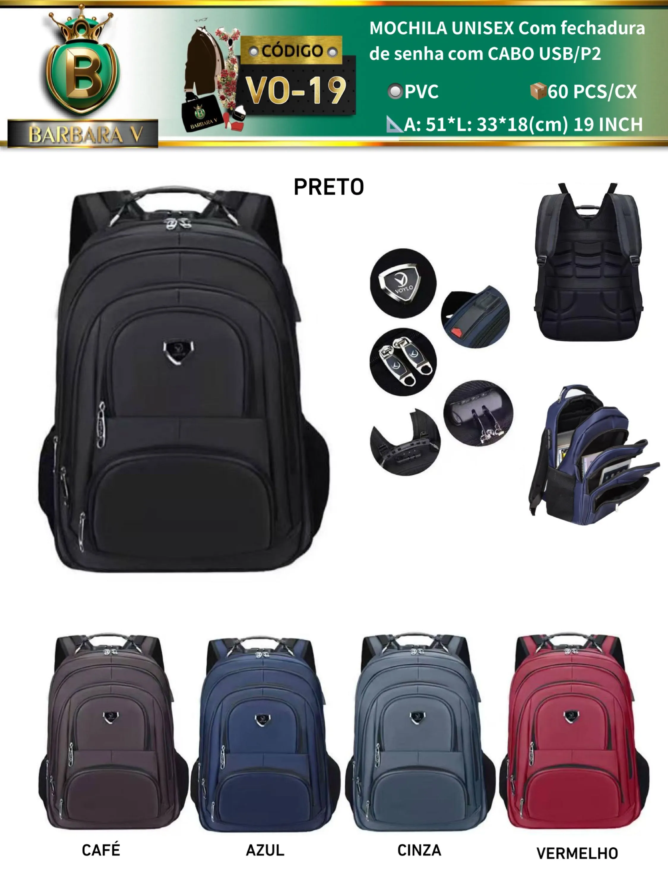 MOCHILA fechadura de senha com CABO USB/P2 (VO-24)
