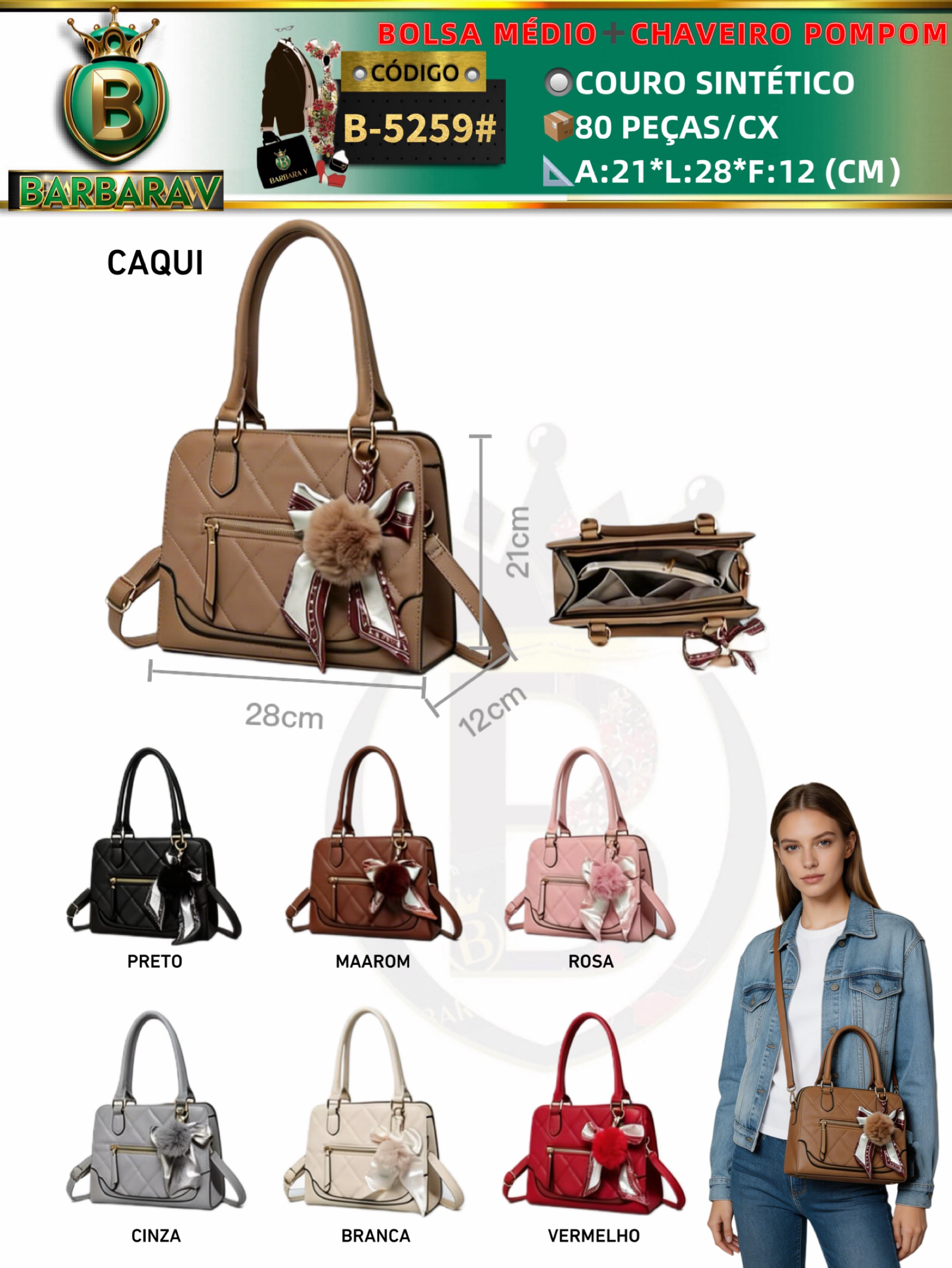 BARBARA V BOLSAS/bolsa médio com chaveiro pompom(B-5259#)