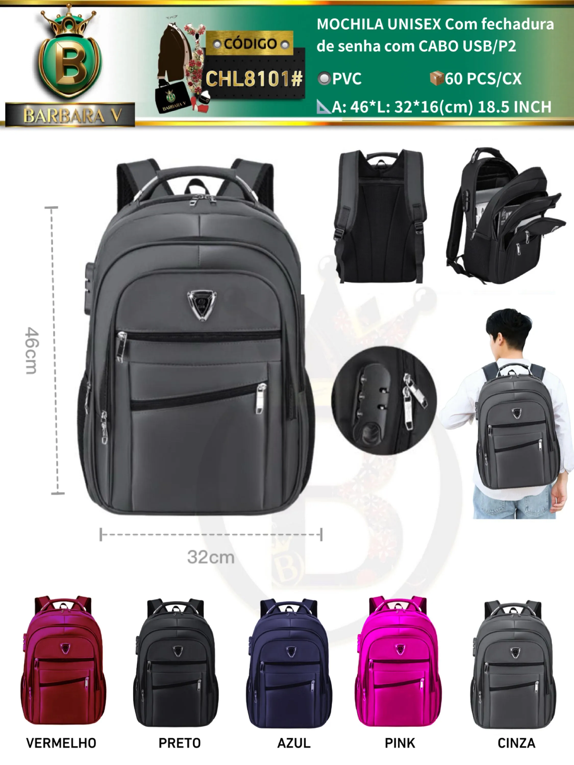 MOCHILA UNISEX Com fechadura de senha/CABO USB/P2（CHL8101#)