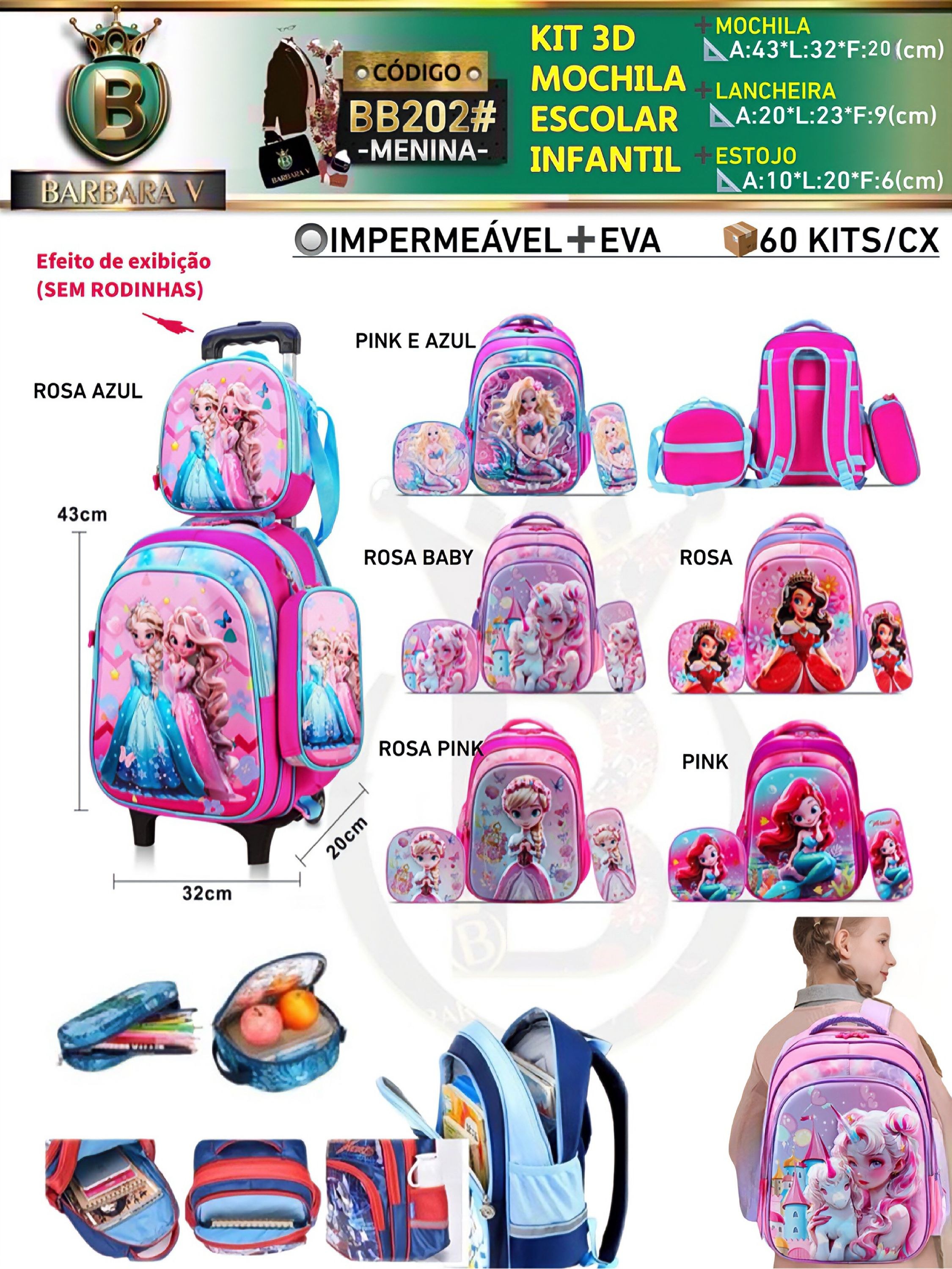 KIT 3 peças 3D MOCHILA ESCOLAR INFANTIL-MENINA(BB202#)