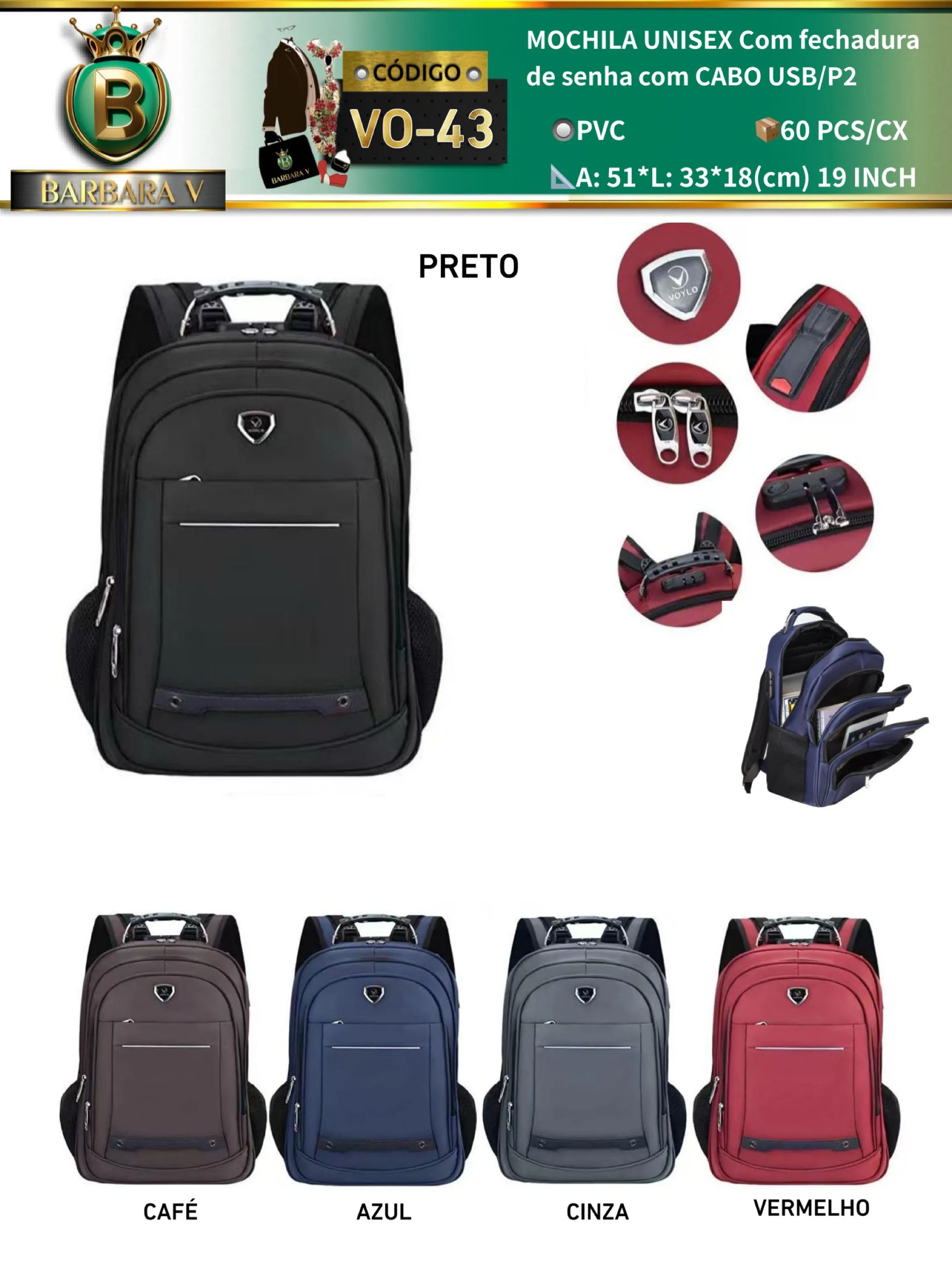 MOCHILA UNISEX Com fechadura de senha com CABO USB/P2（VO-43）