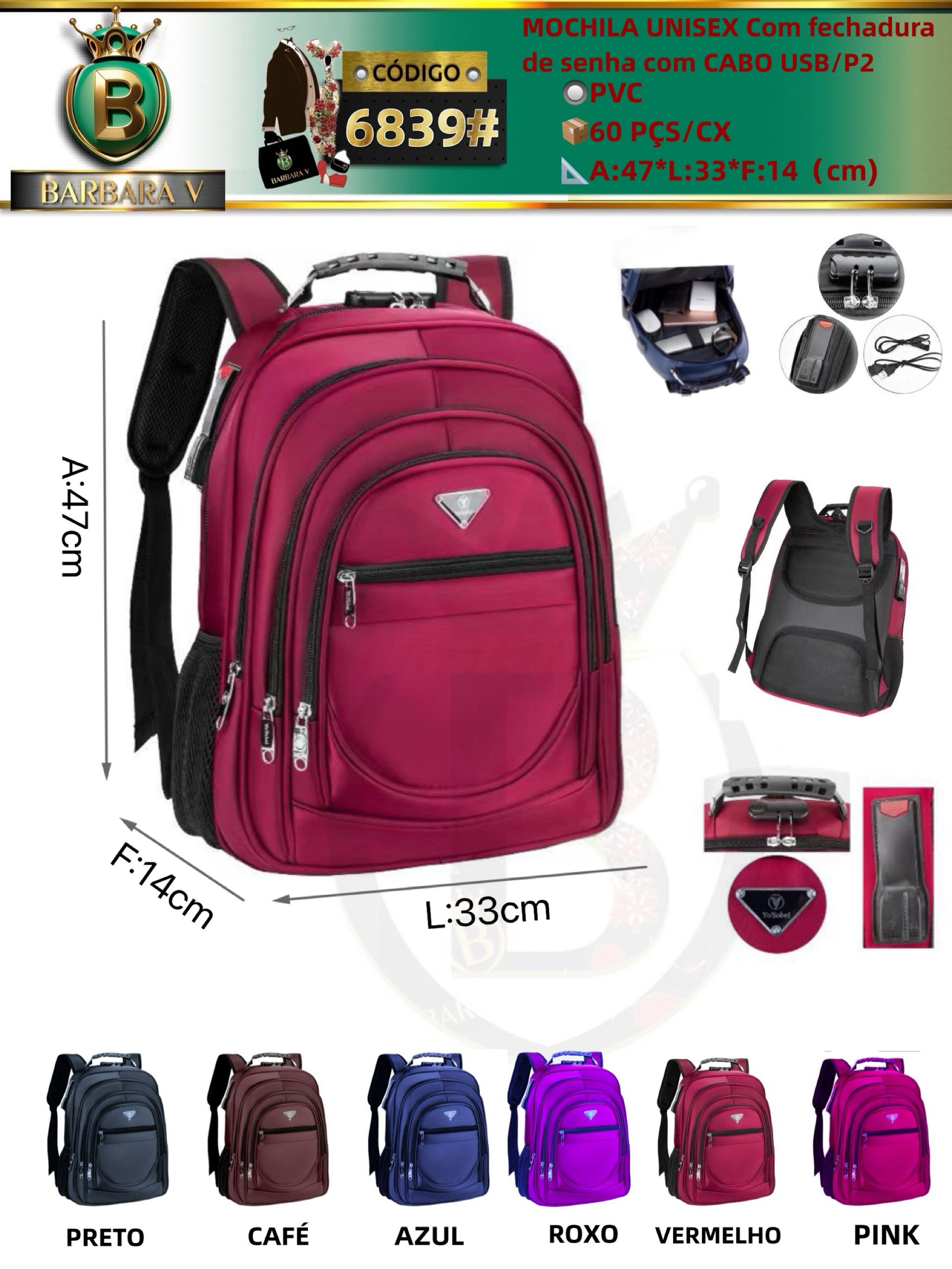 BARBARA V BOLSAS/MOCHILA UNISEX Com fechadura de senha com CABO USB/P2(6839#)