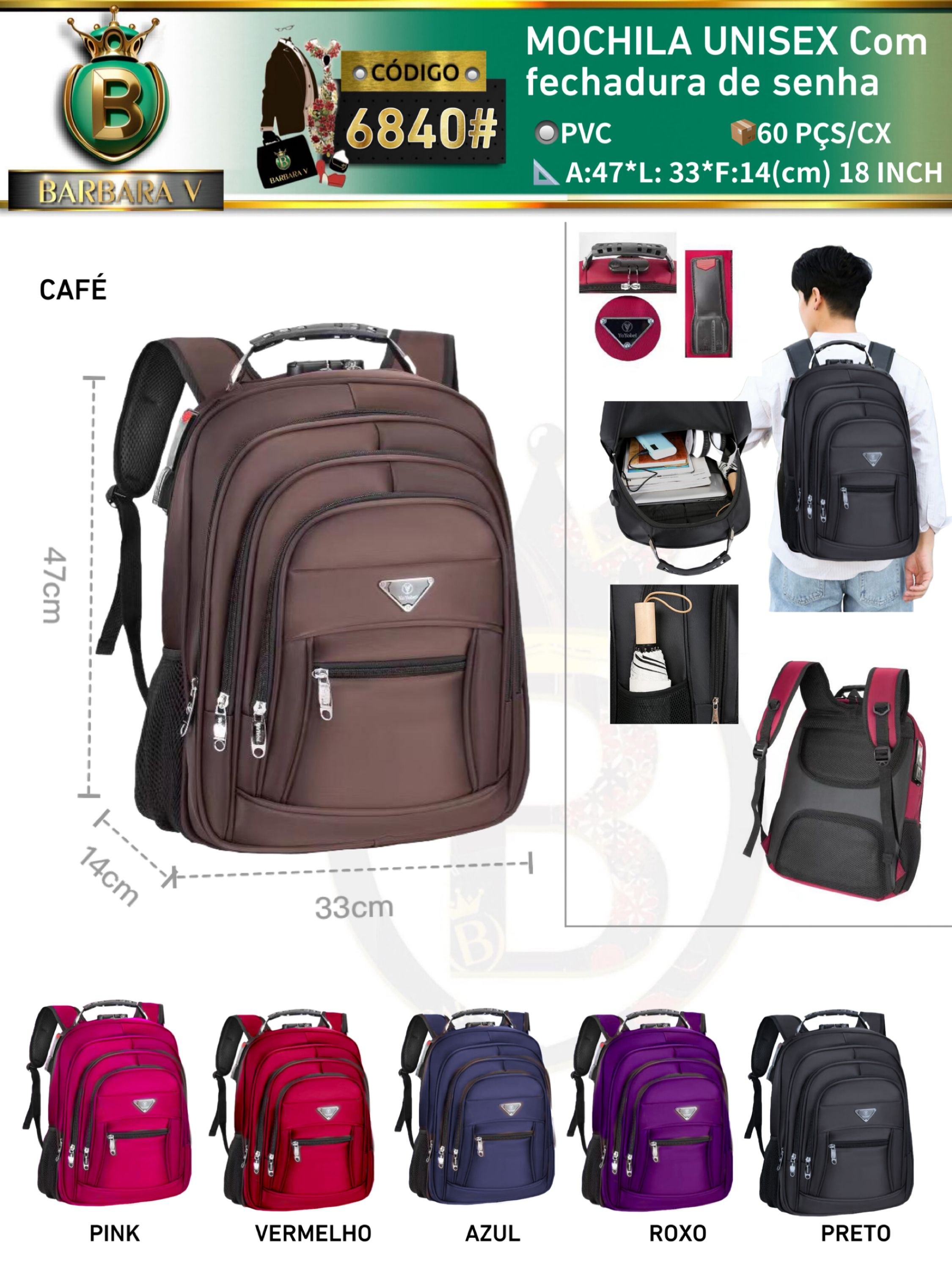 MOCHILA UNISEX Com fechadura de senha(6840#)