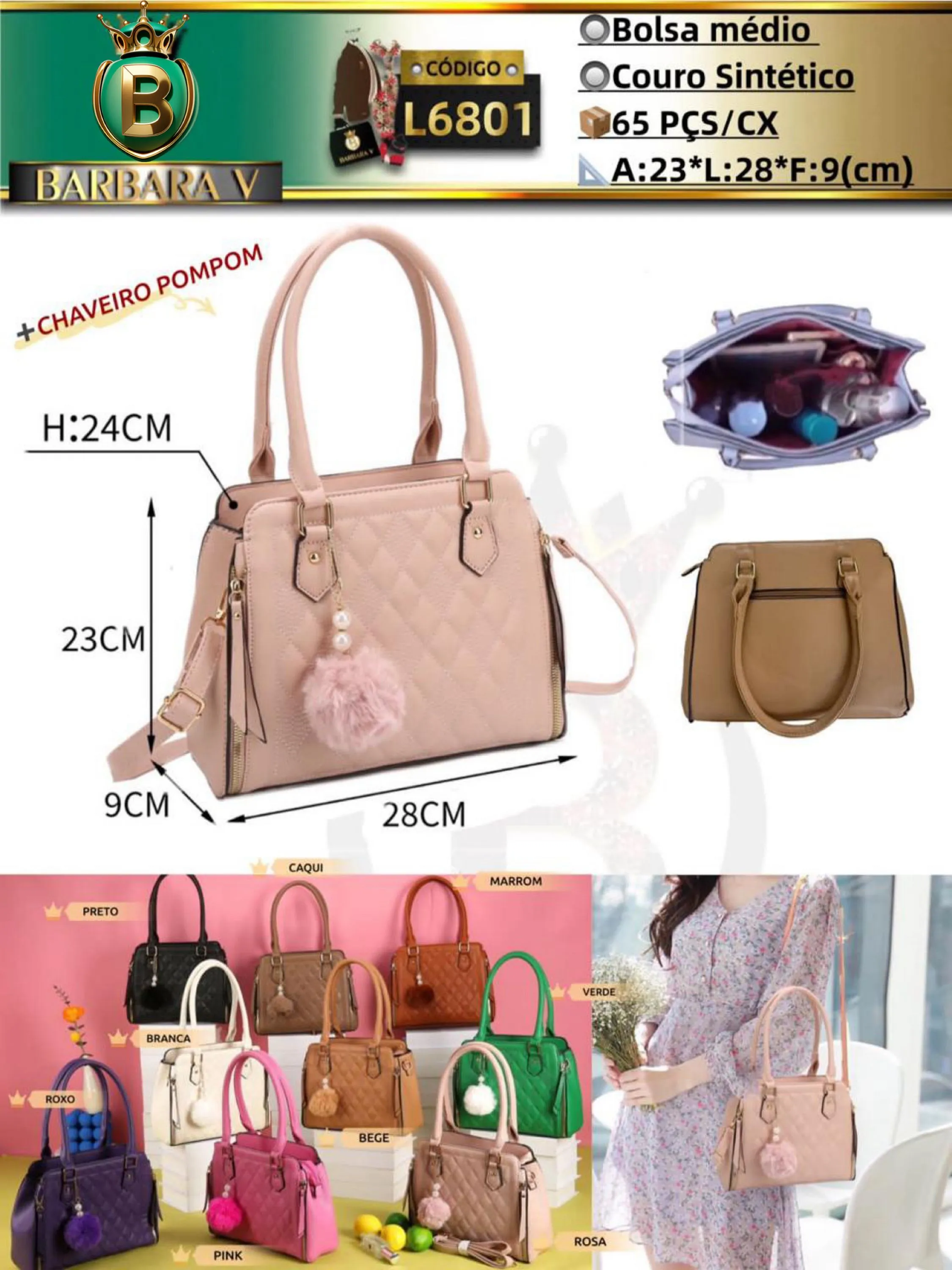 BARBARA V BOLSAS/bolsa médio feminina com chaveiro pompom(L6801)