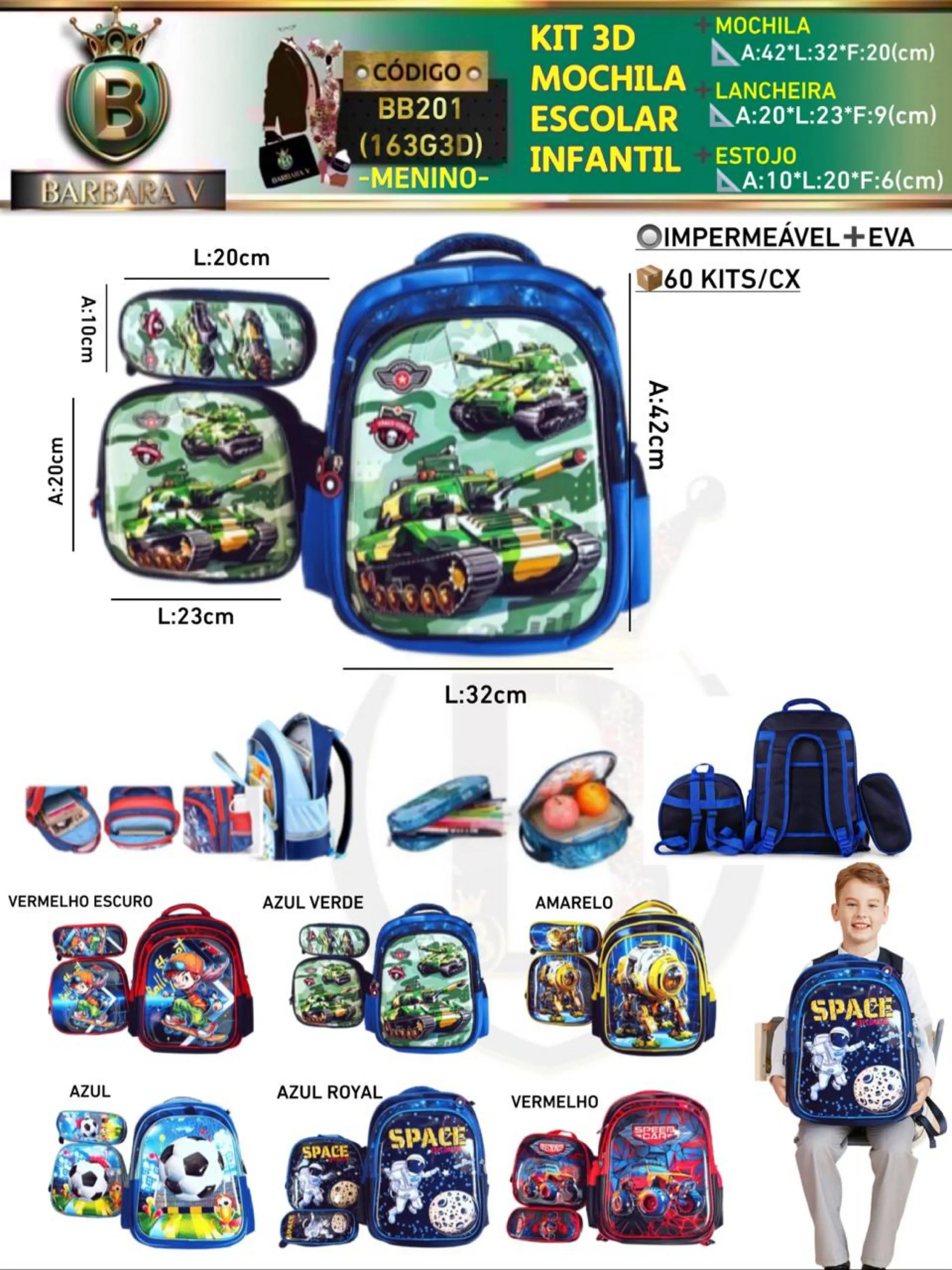 KIT 3 peças 3D MOCHILA ESCOLAR INFANTIL-MENINO(BB201-163G3D)