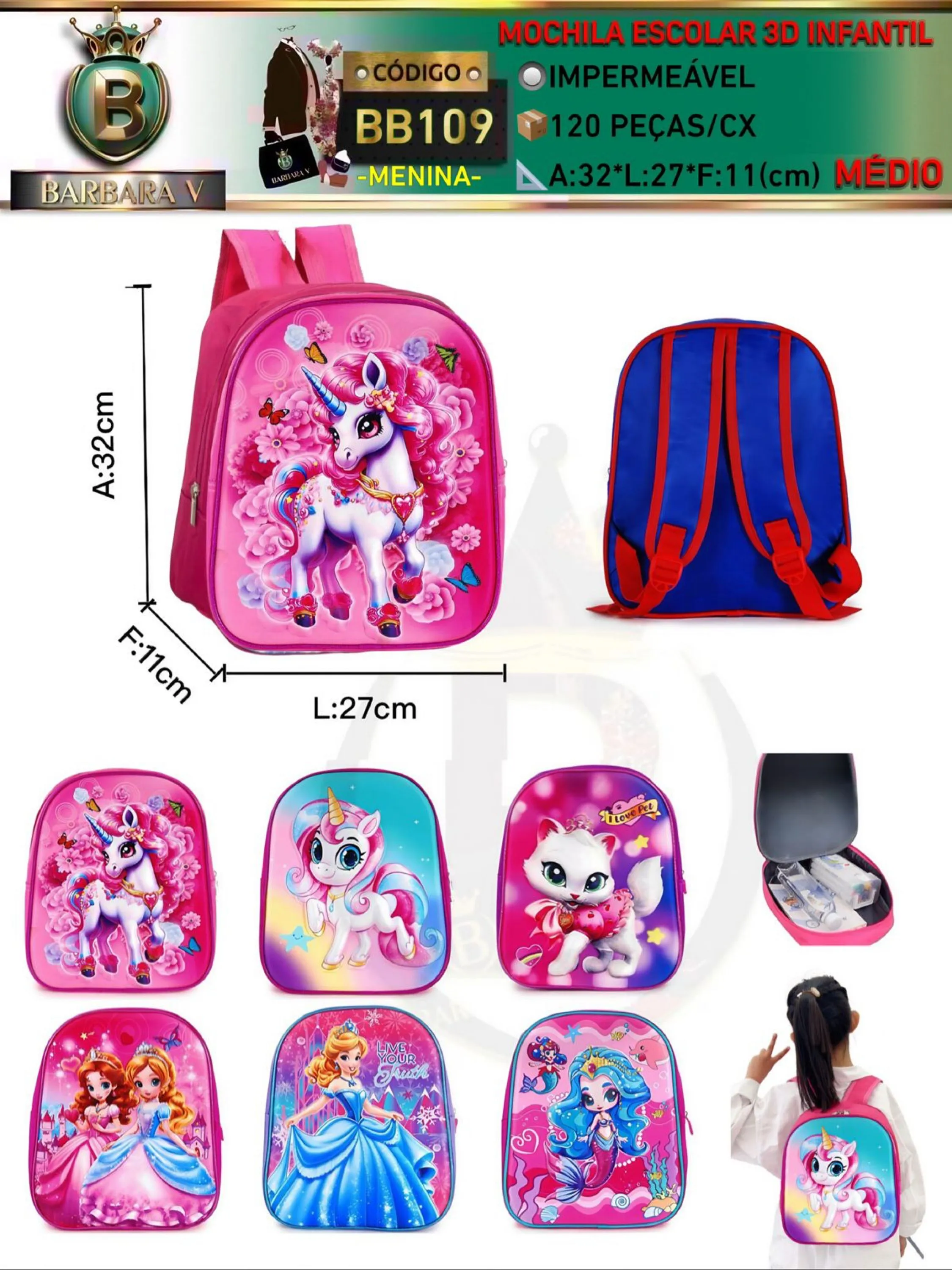 Mochila escolar infantil menina-2 pçs tampa aleatório(BB109)