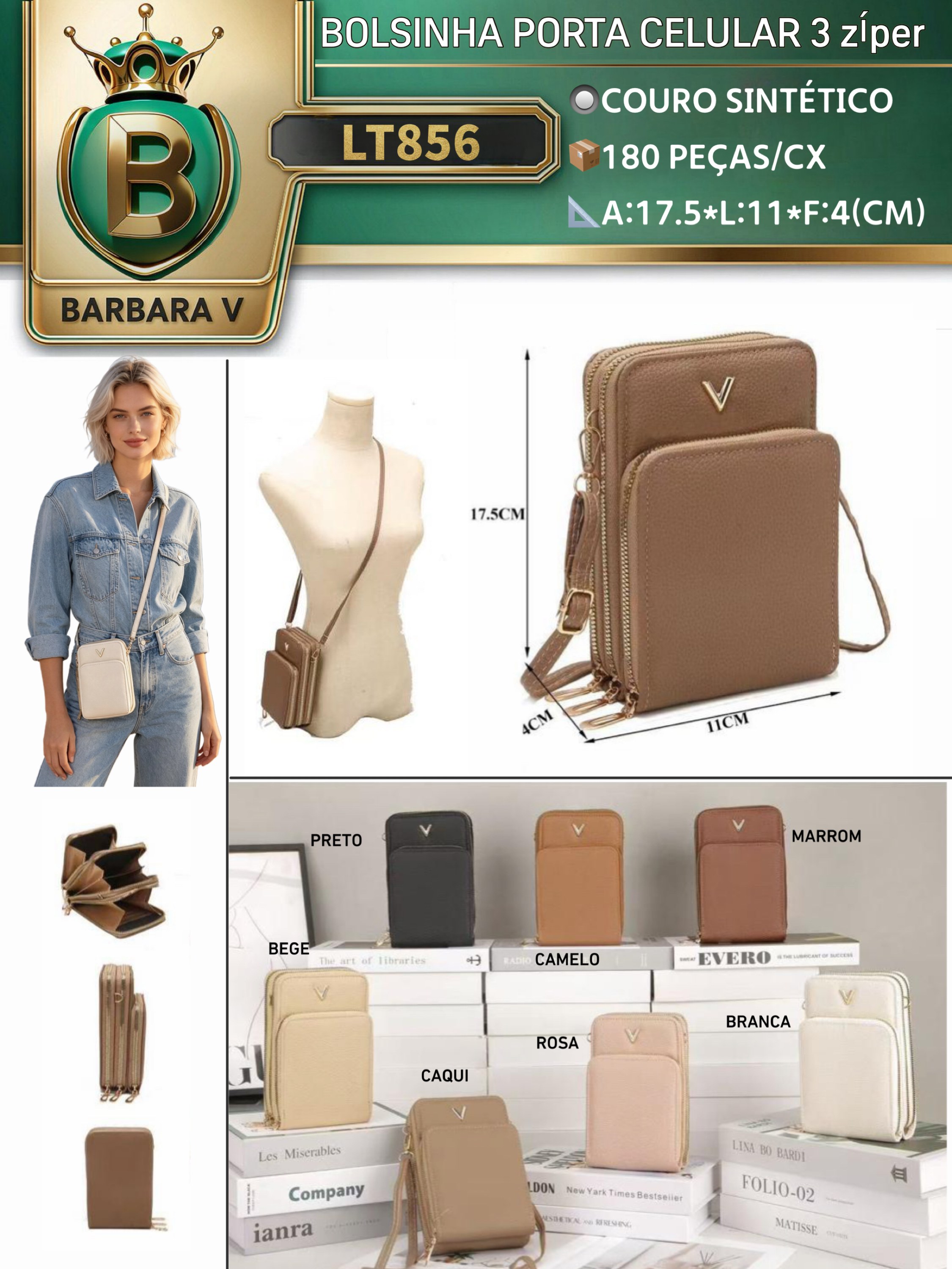 BARBARA V BOLSAS/Bolsinha 3 zíper/porta celular(LT856)